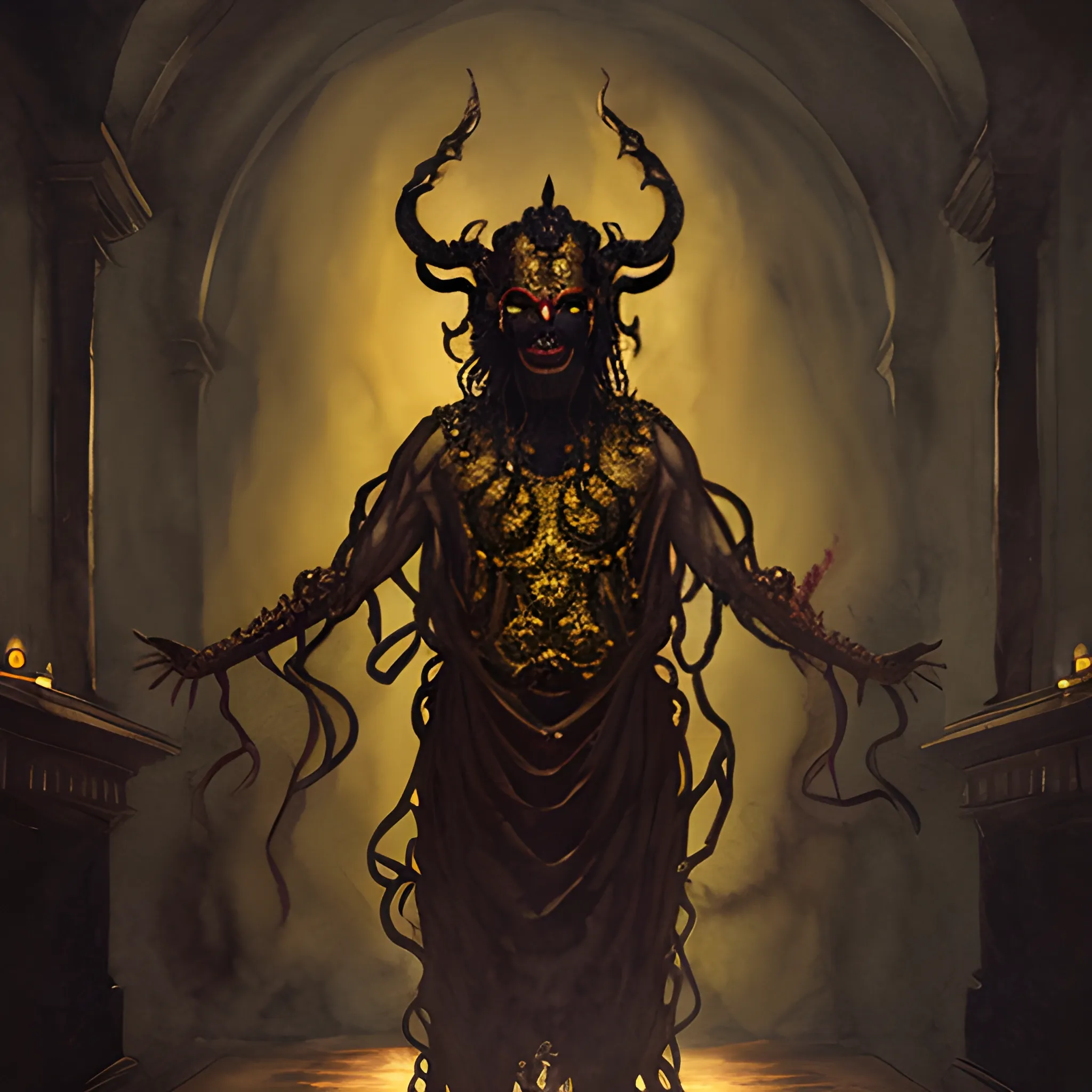 wide shot of faceless male demon with eight arms and a golden head-dress, in a dark hall, Water Color

