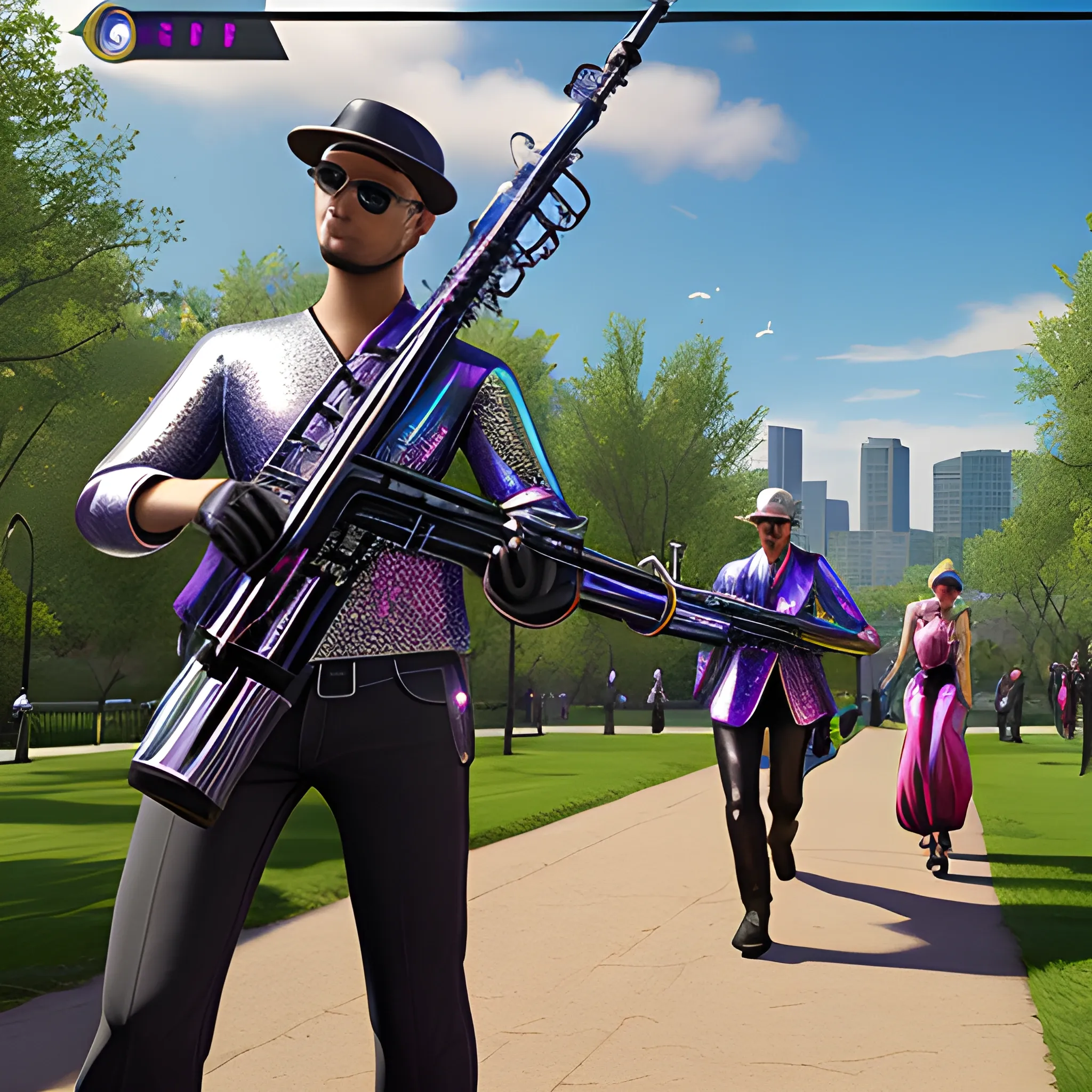 videogame screenshot of huge spangly sparkly double bassoon assault rifle in foreground, with pedestrians walking dogs, in a municipal park, very detailed
