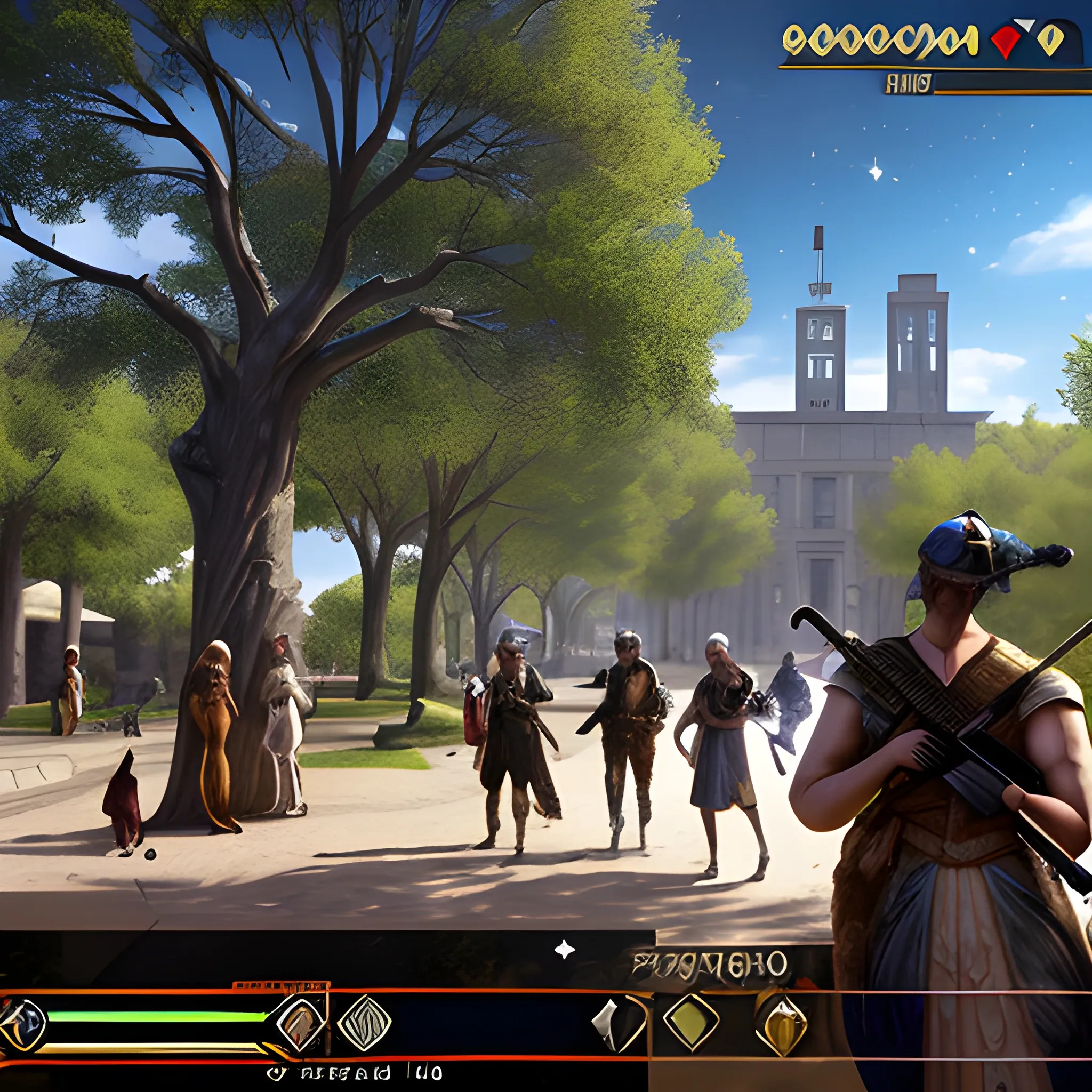 videogame screenshot with huge spangly sparkly double bassoon assault rifle in foreground, with pedestrians walking dogs, in a municipal park, in the ancient world, very detailed