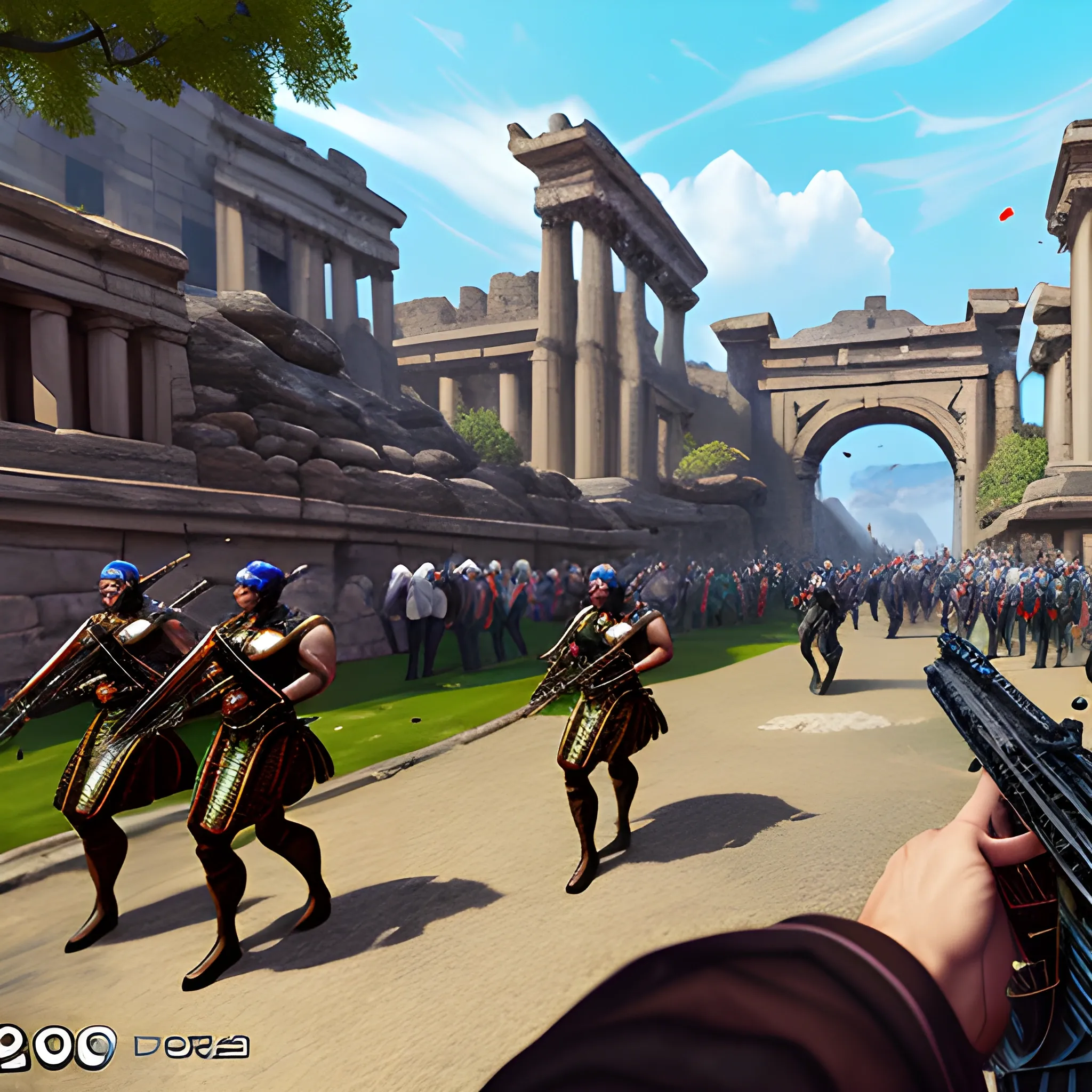 videogame screenshot with huge spangly sparkly double bassoon assault rifle in foreground, with young mothers pushing perambulators, in a municipal park, in the ancient world, very detailed