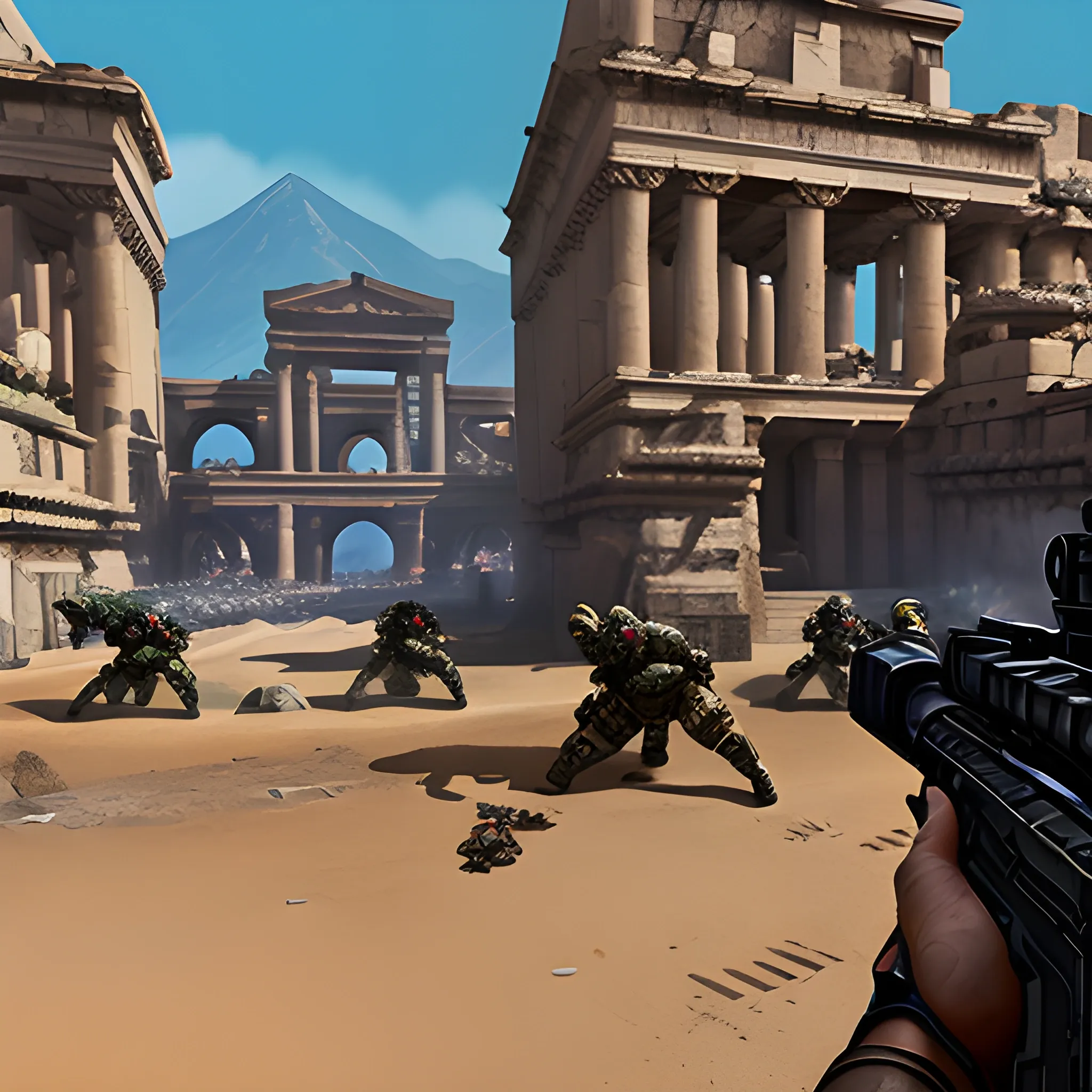 videogame screenshot with huge spangly sparkly triple-barrelled assault rifle with gunsight in foreground, with young mothers pushing perambulators, in a municipal park, in the ancient world, very detailed