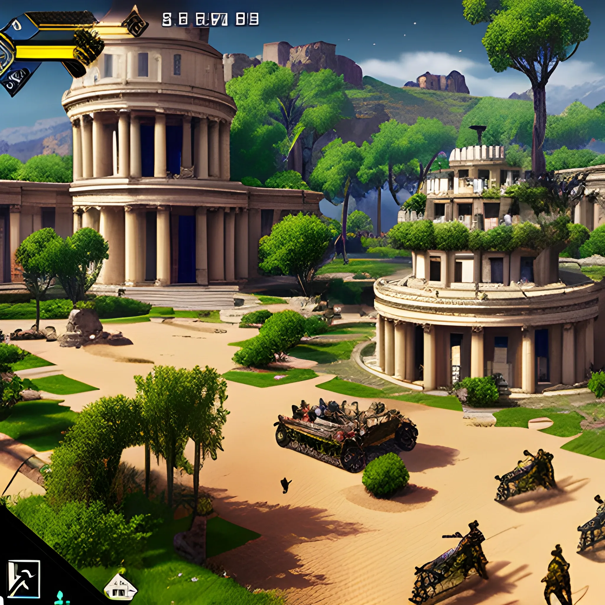 videogame screenshot with huge spangly sparkly triple-barrelled assault rifle with gunsight in foreground, with young mothers pushing buggies, in a municipal gardens, in the ancient world, very detailed