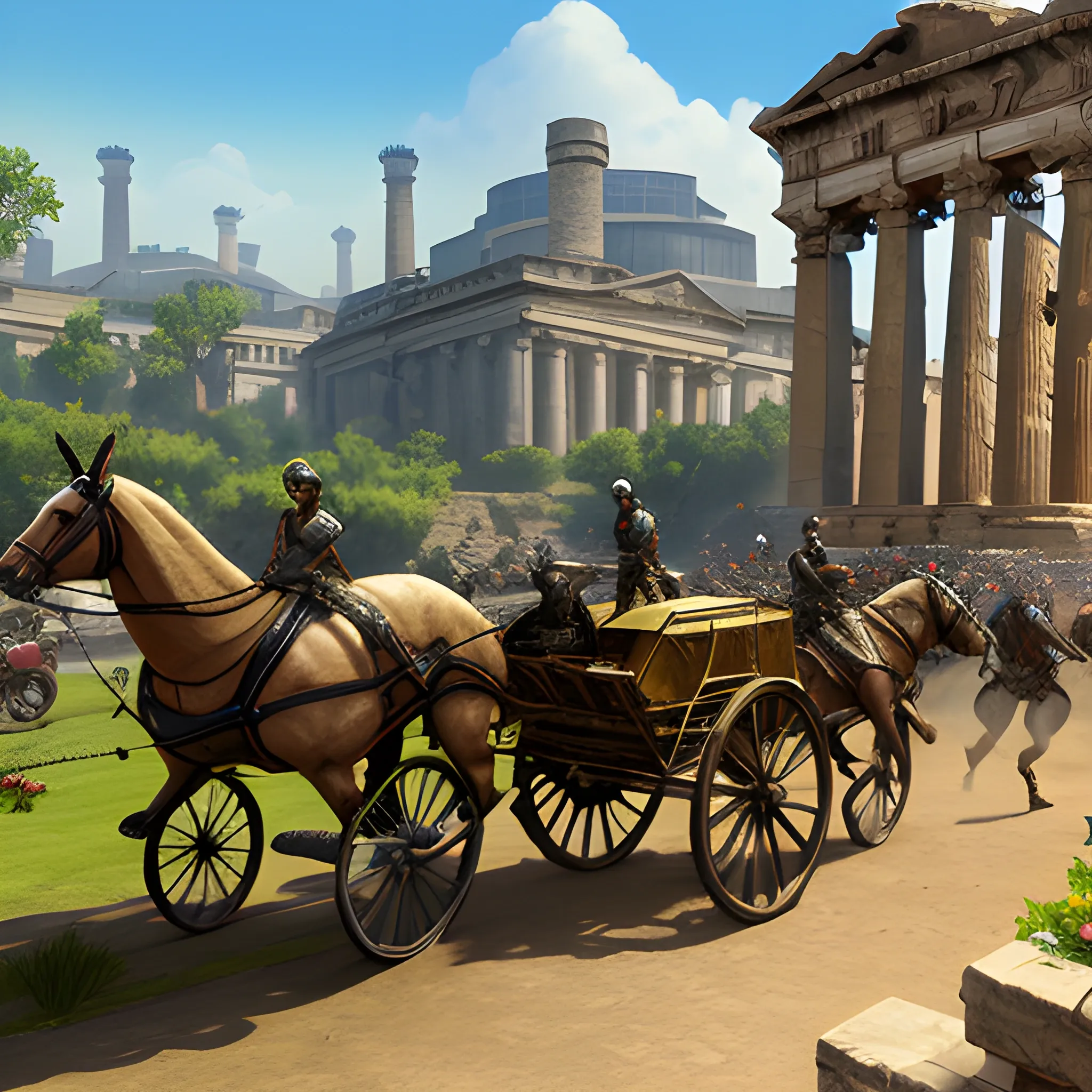 videogame screenshot with huge spangly sparkly triple-barrelled assault rifle with gunsight in foreground, with young mothers pushing buggies, in a municipal gardens, in the ancient world, very detailed