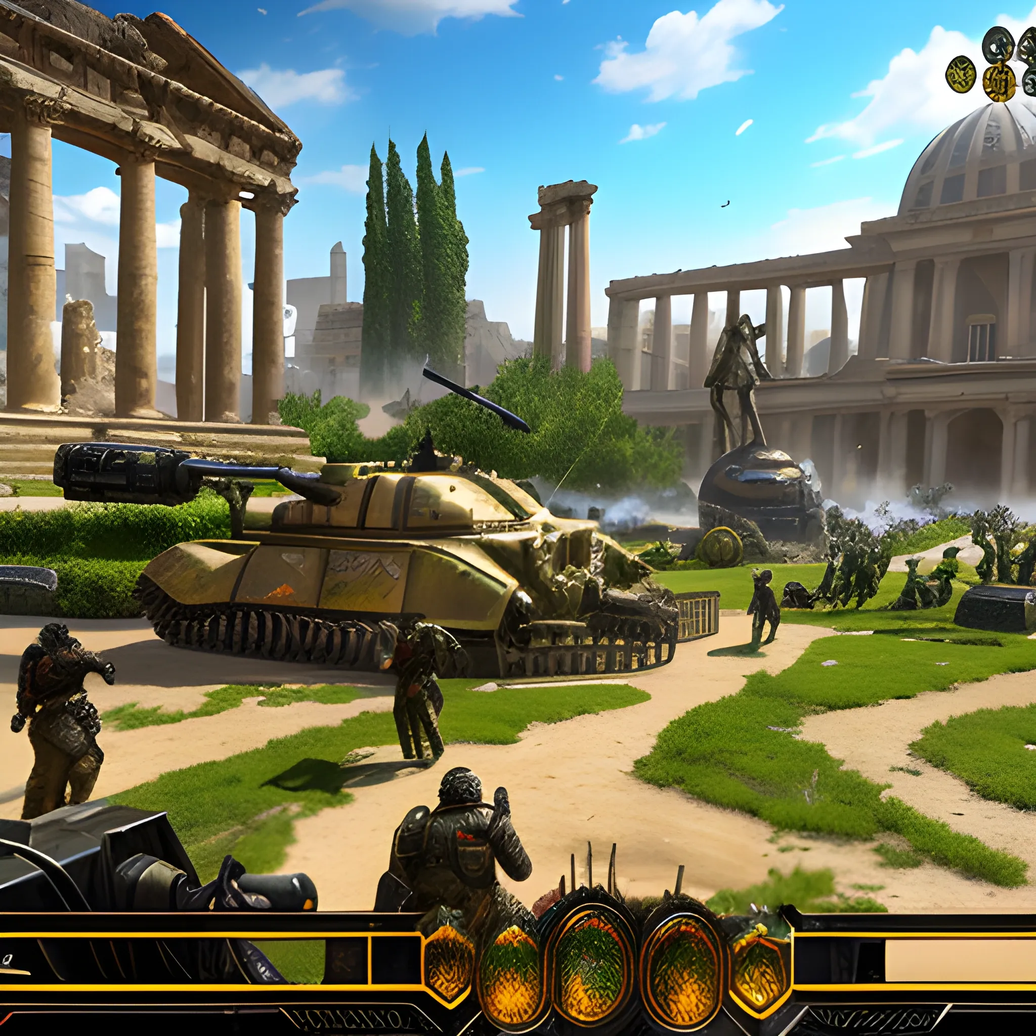 videogame screenshot with huge spangly sparkly triple-barrelled assault rifle with gunsight in foreground, with young mothers pushing baby buggies, in a municipal gardens, in the ancient world, very detailed