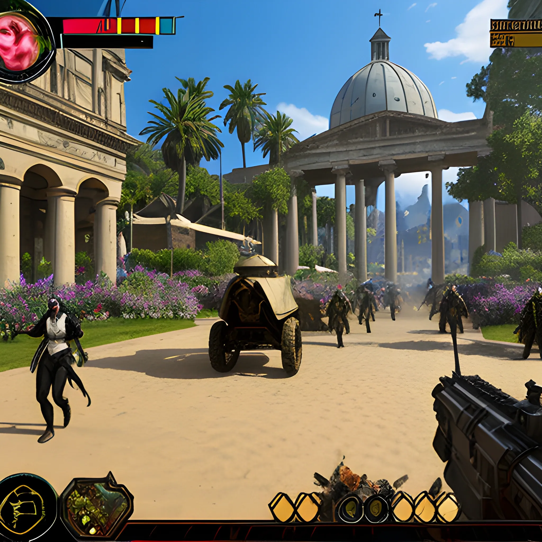 videogame screenshot with huge spangly sparkly assault rifle with gunsight in foreground, with young mothers pushing baby buggies, in a municipal gardens, in the ancient world, very detailed