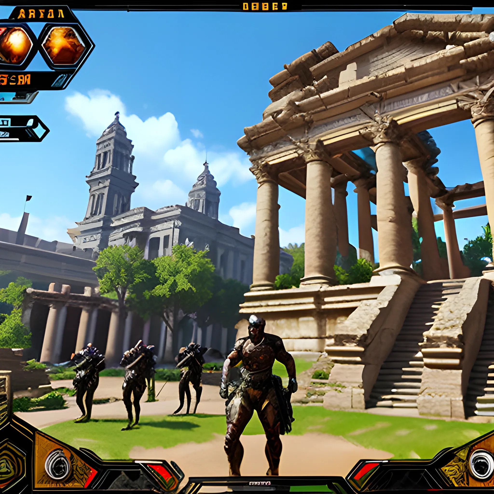 videogame screenshot with huge spangly sparkly assault rifle with gunsight in foreground, with young mothers walkig babies, in a municipal gardens, in the ancient world, very detailed