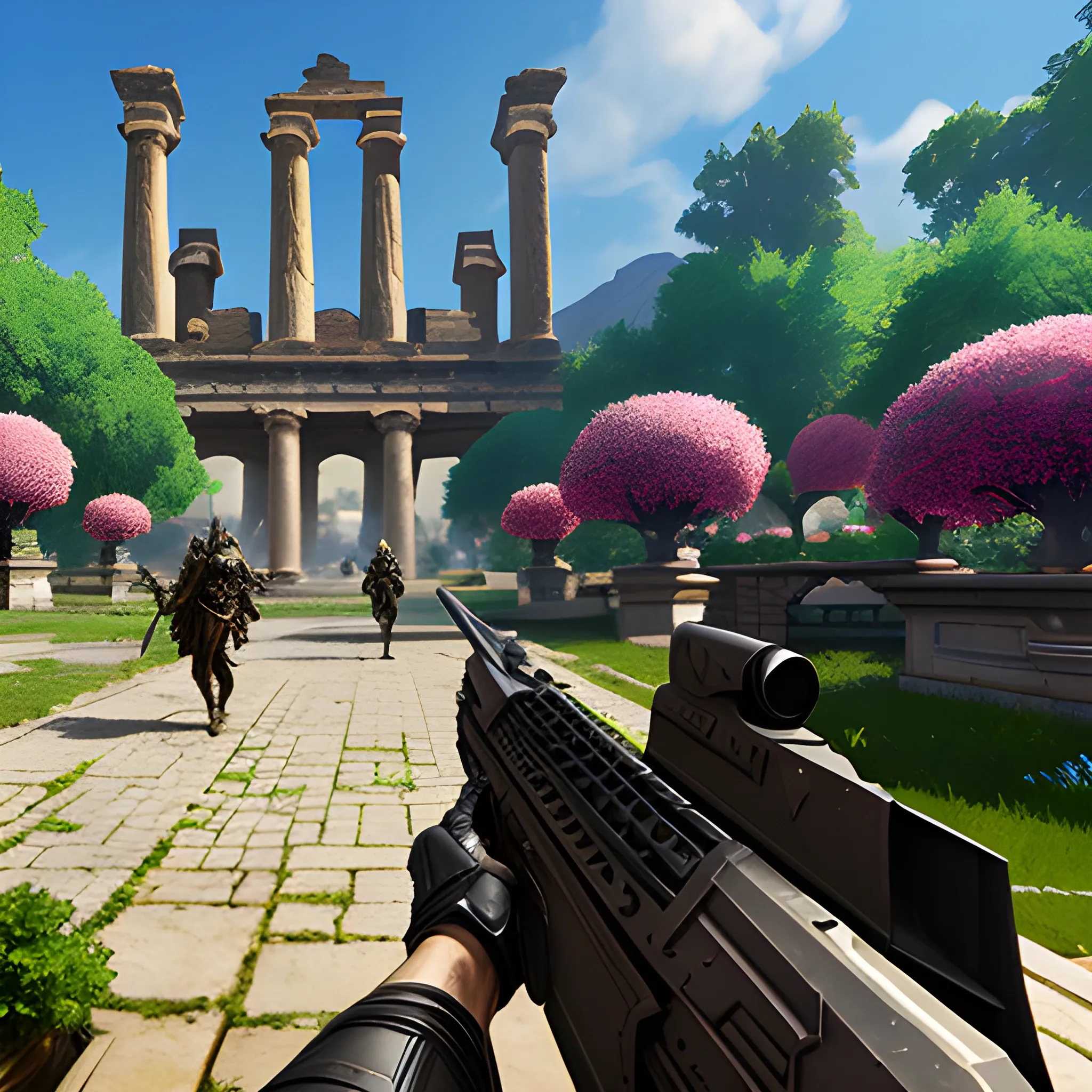 videogame screenshot with huge spangly sparkly assault rifle in foreground, with young mothers walkig babies in a municipal gardens, in the ancient world, very detailed