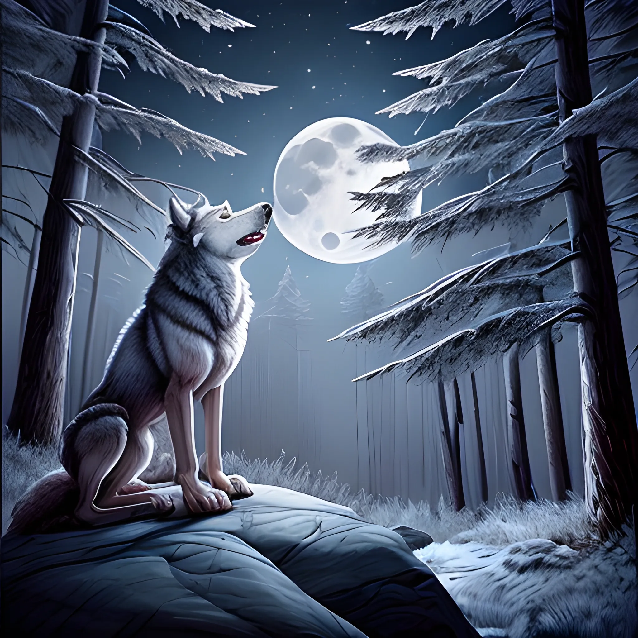 tmber wolf howling at fullmoon moonlight taiga forest edge stone ...