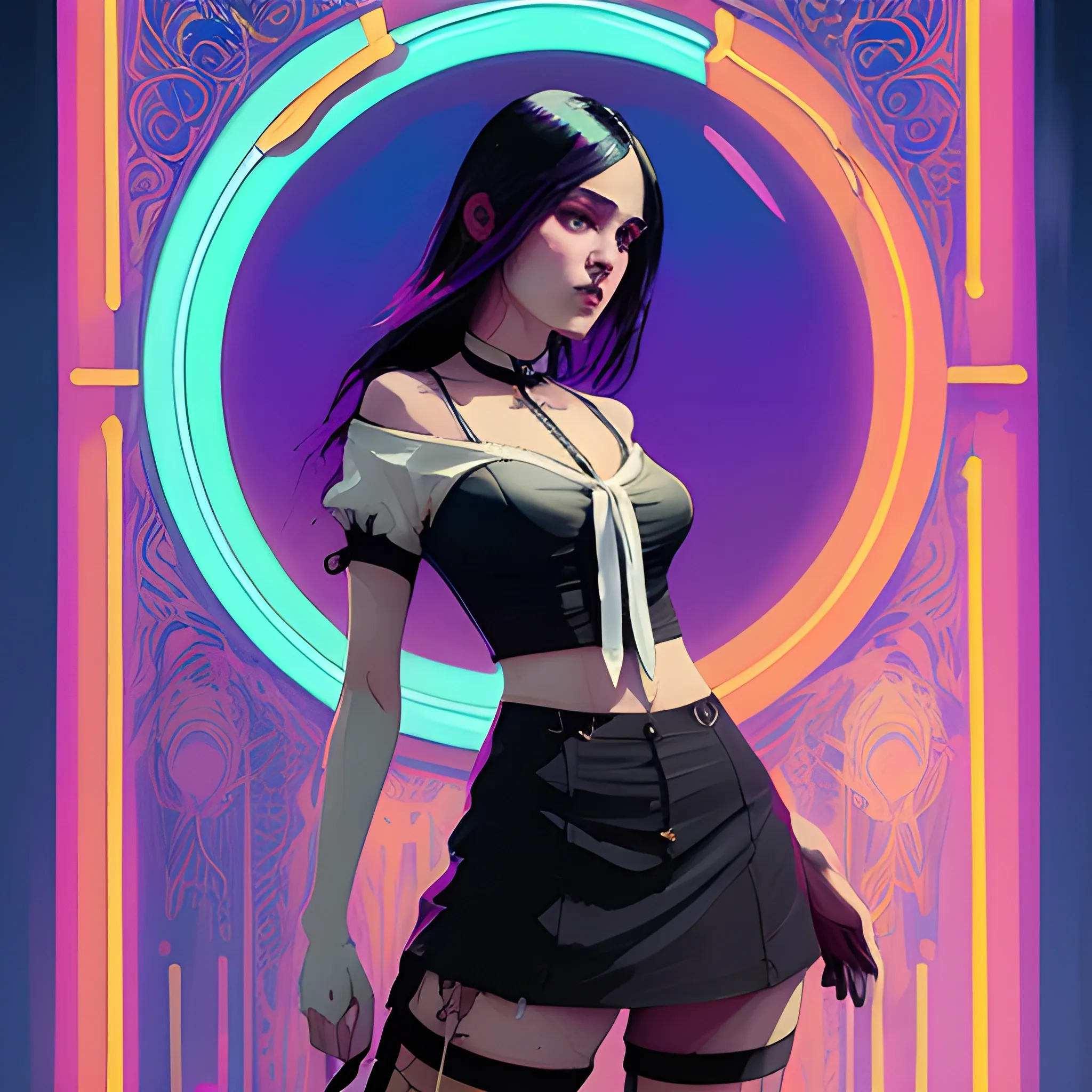 Art Nouveau painting, neon colors,  true aesthetics, stylish fashion shot of a beautiful woman posing in front of a psychedelic art nouveau style. gothic style korean female, full figure, fit, ellegant tight white shirts, ties, miniskirts,  legs,  choker, long hair, classy,  beautiful faces, manga eyes, open mouth, postapocaliptic city in the background, art by Greg Rutkowski, acrylic, high contrast, colorful polychromatic, ultra detailed, ultra quality, CGSocietyHighly detailed, highest quality