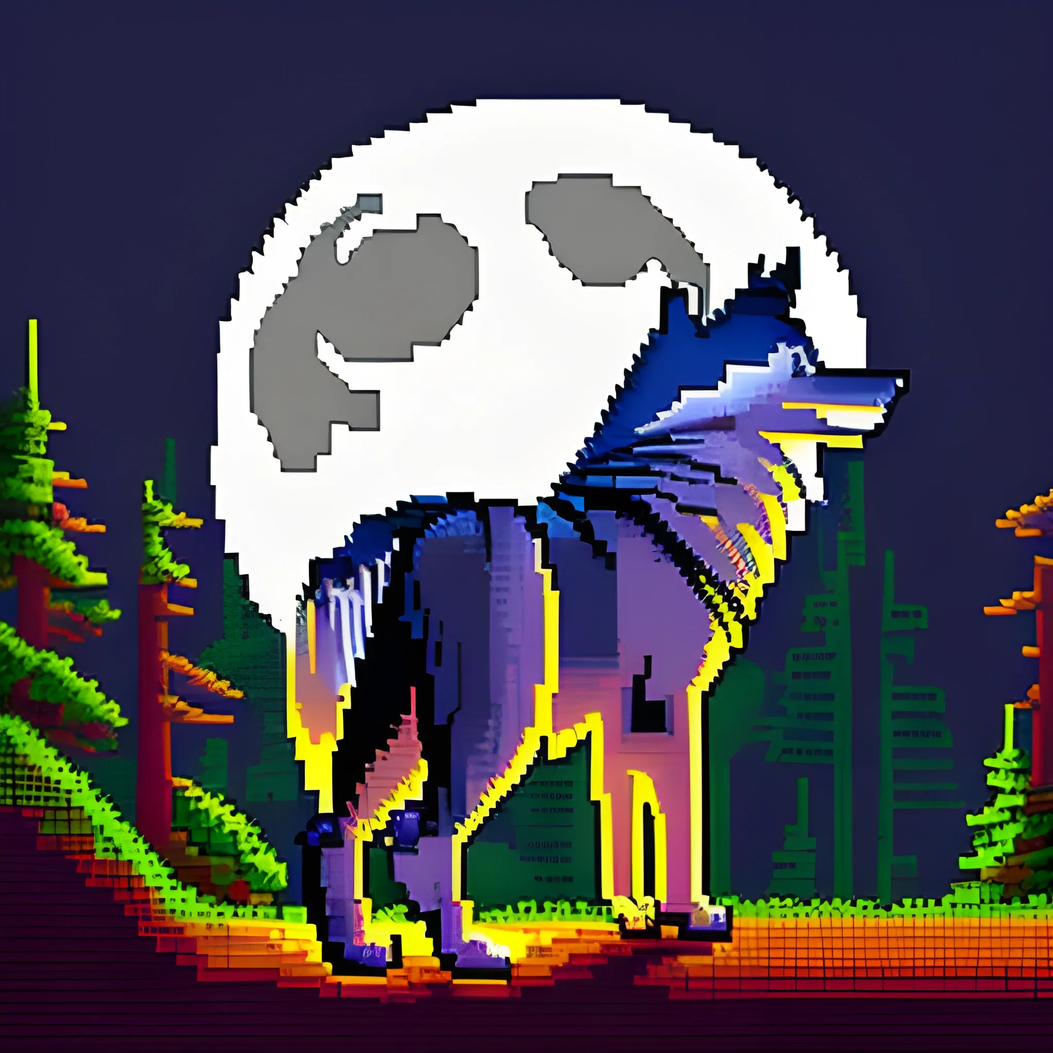 timber wolf night fullmoon light edge clift howling, pixel art, background, wide screen