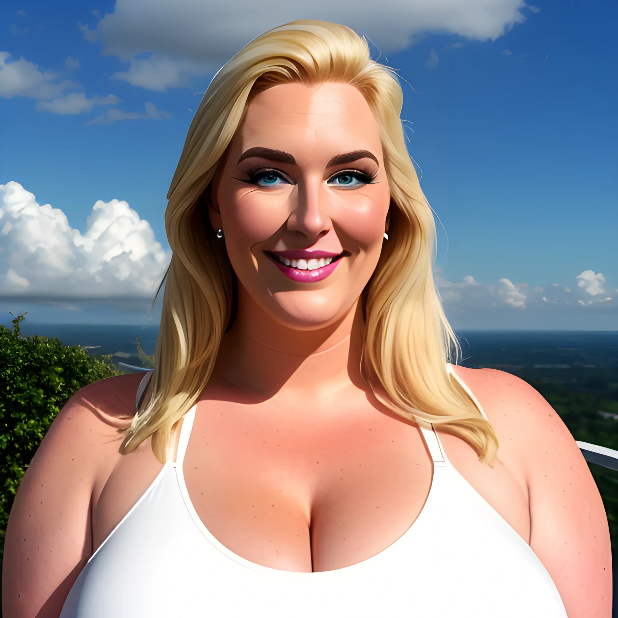 huge tall and strong plus size blonde smiley young girl with very broad shoulders and chest, standing  on terrace under the clouds