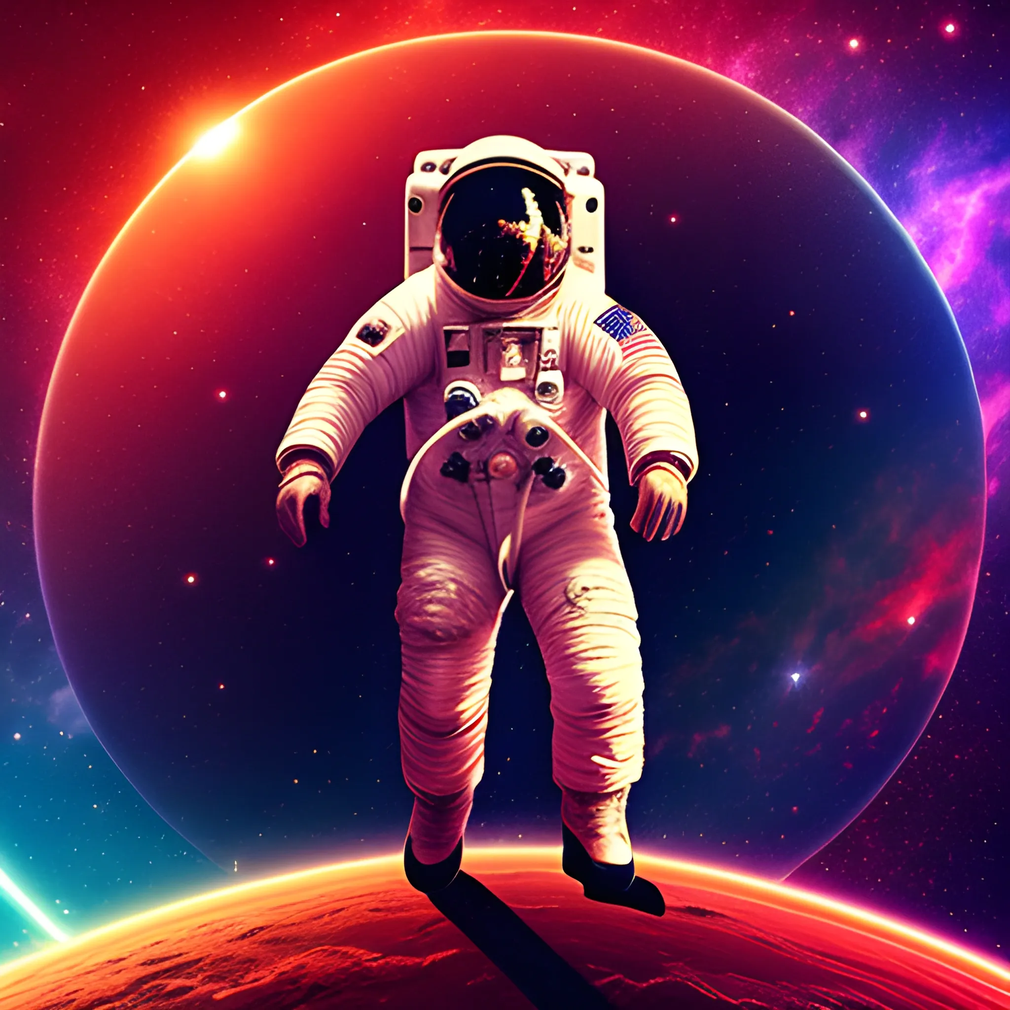 astronaut in planet superfice, red, galaxy background , Trippy 