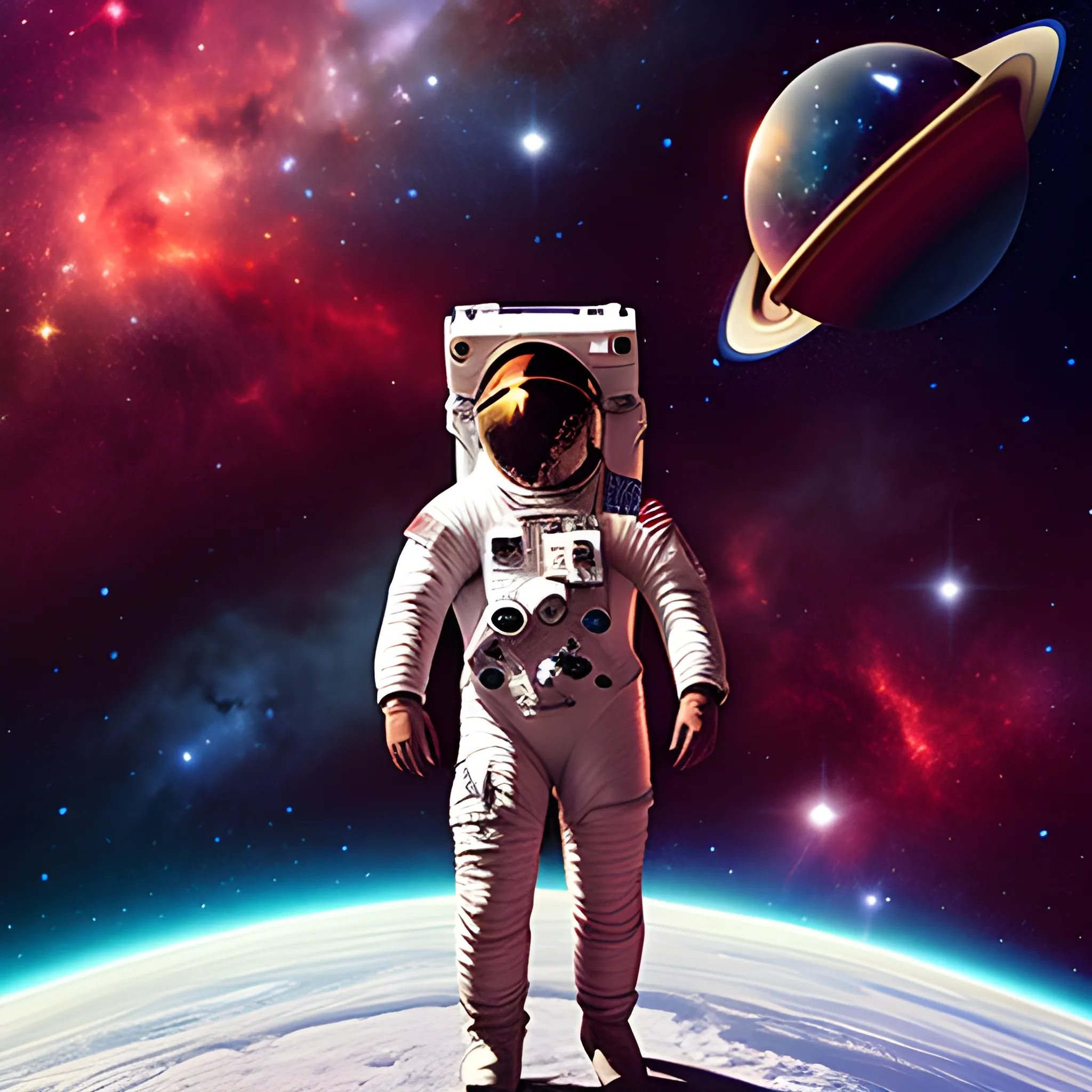 astronaut in planet superfice, red, galaxy background  