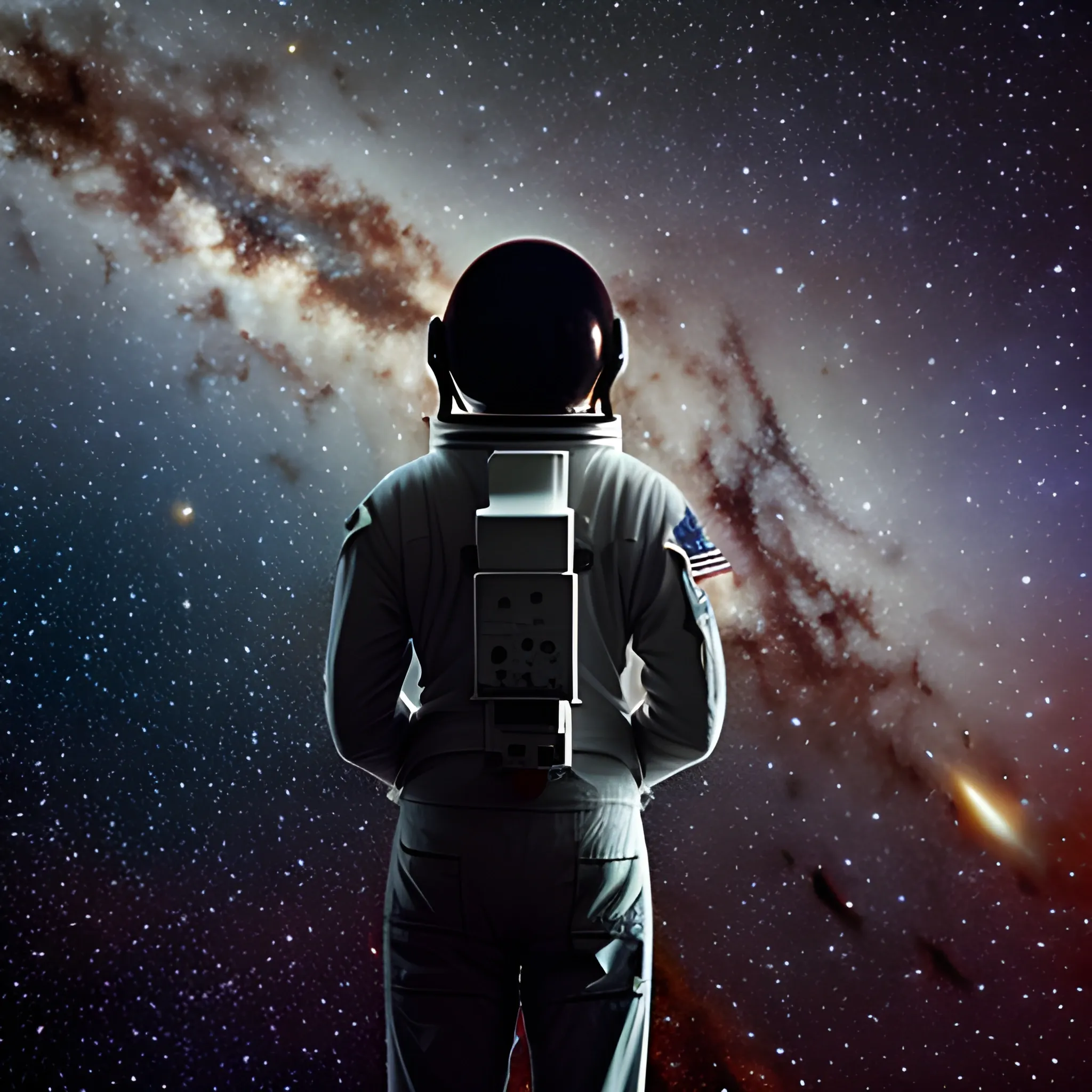 An astronaut looking at a galaxy, from the back.