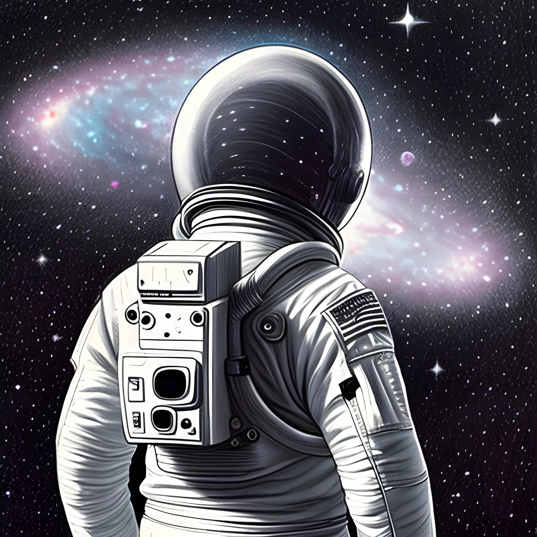 An astronaut looking at a galaxy, from the back., Trippy, Pencil Sketch