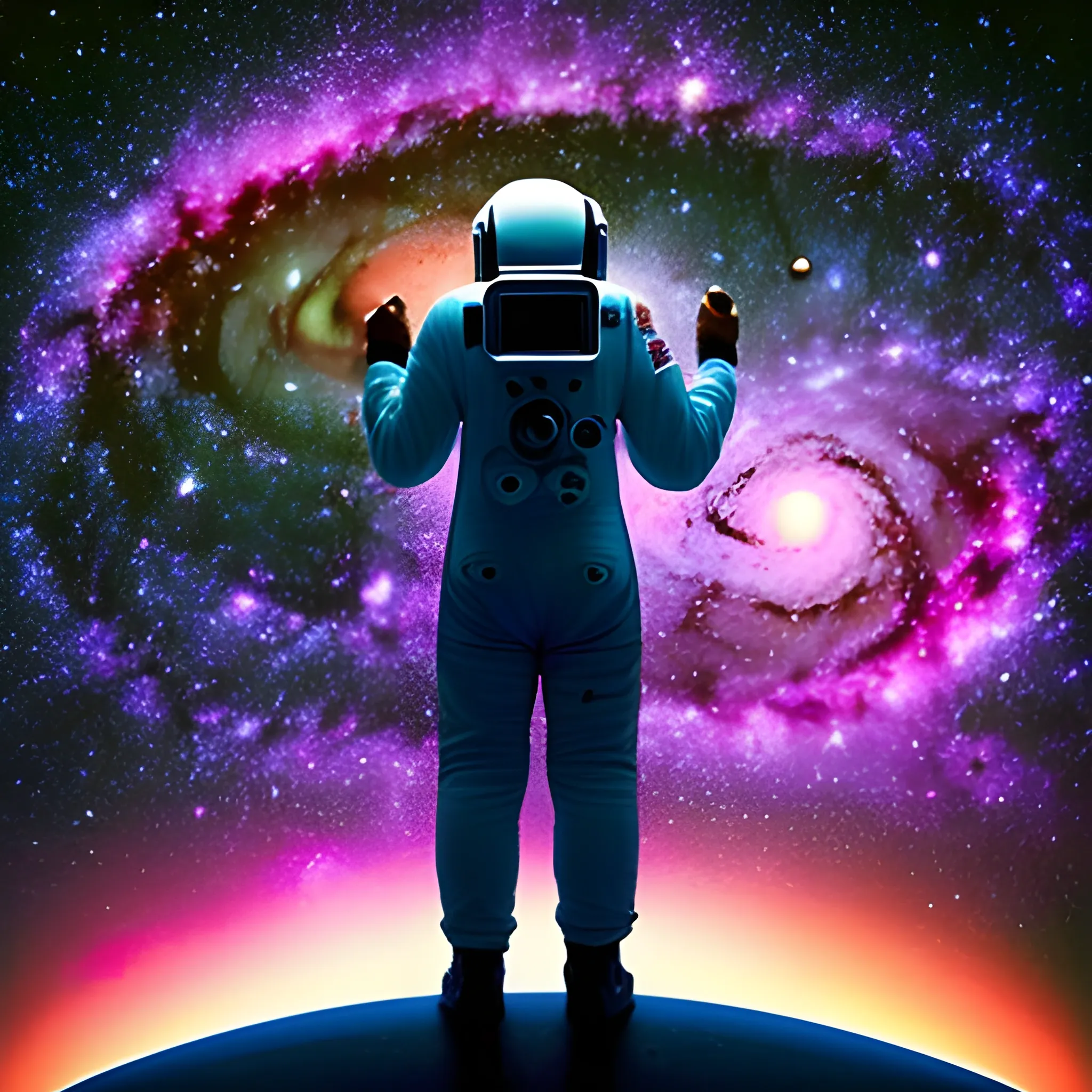 An astronaut looking at a galaxy, from the back., Trippy
