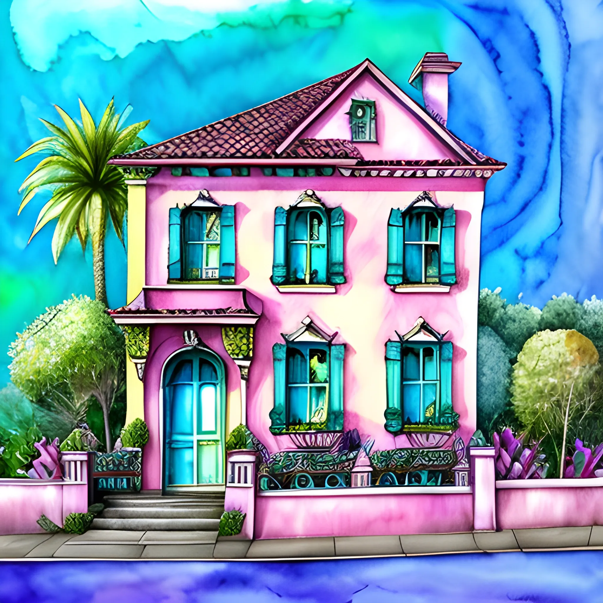 punk villa facade, Trippy, Water Color