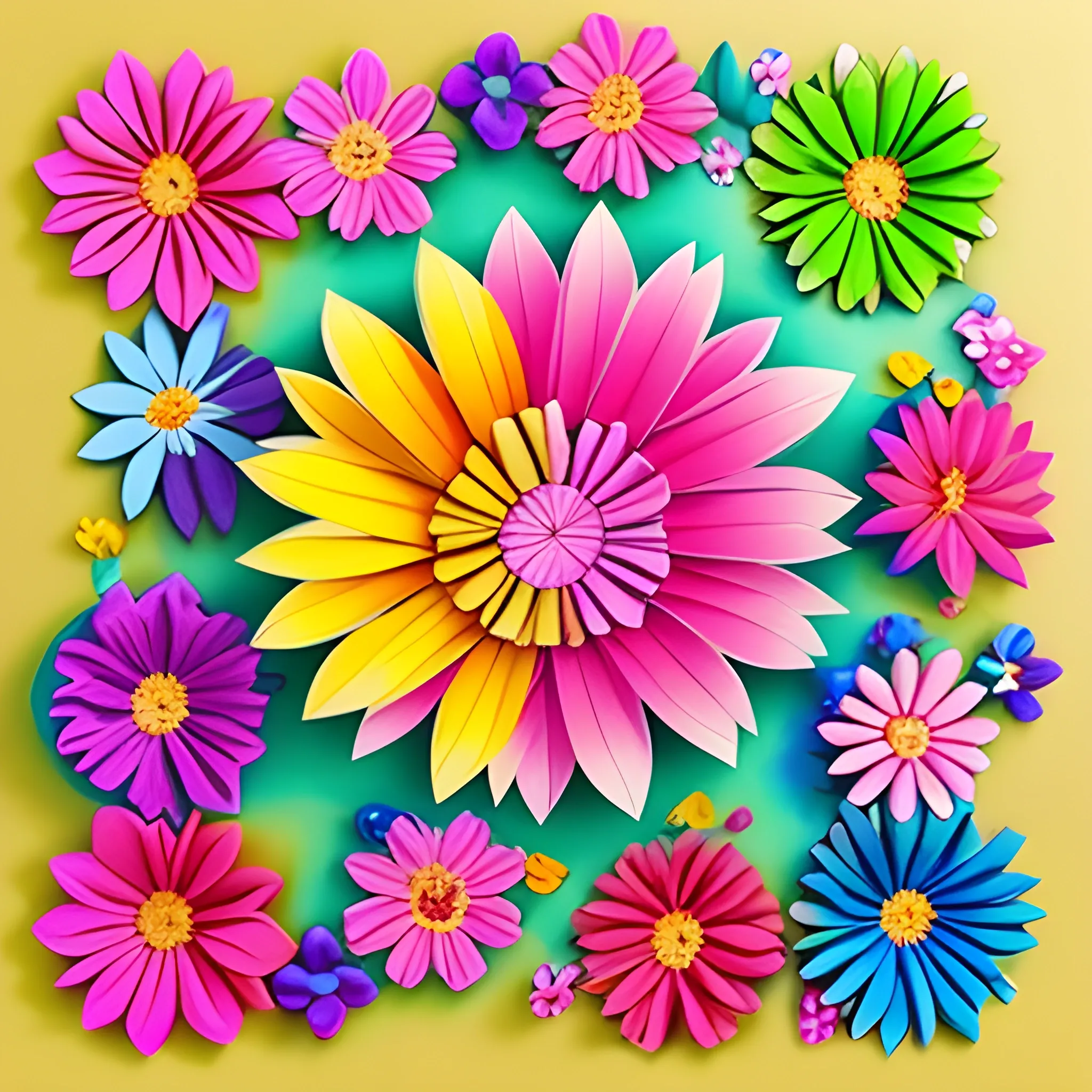 Un primer plano de un ramo de flores de papel en una pared, Pastel colorido 3D, Detalles y colores vivos, Arte de papel en capas, Flores detalladas, Flores con detalles intrincados, vibrante y estilizado, Flores de origami de papel, motivos florales, magical colorful flowers, Colores pastel vibrantes, colores fuertes y vibrantes, flores de colores brillantes, flores coloridas, con coloridas flores y plantas