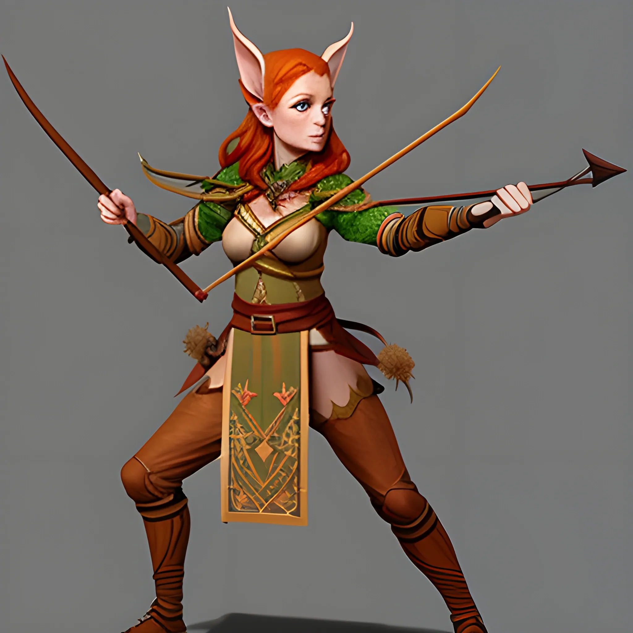 Wooden Elf Female, Concept Art, Ginger hair, Spear and bow