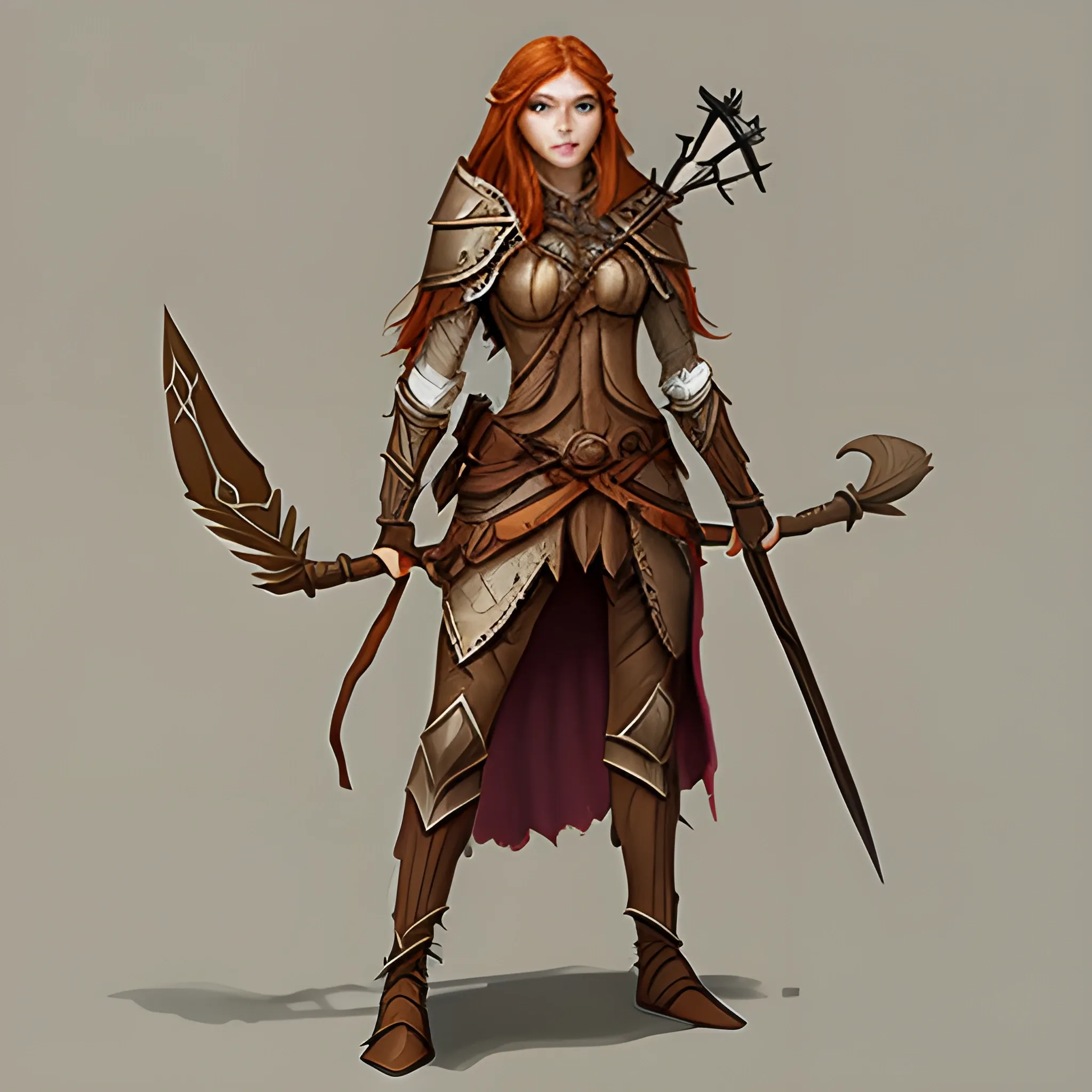 Wood Elf, Female, Concept Art, Ginger hair, long hair, with spear, leather armor, mail armor on the shoulders, with cloak on the back, Dungeons and Dragons