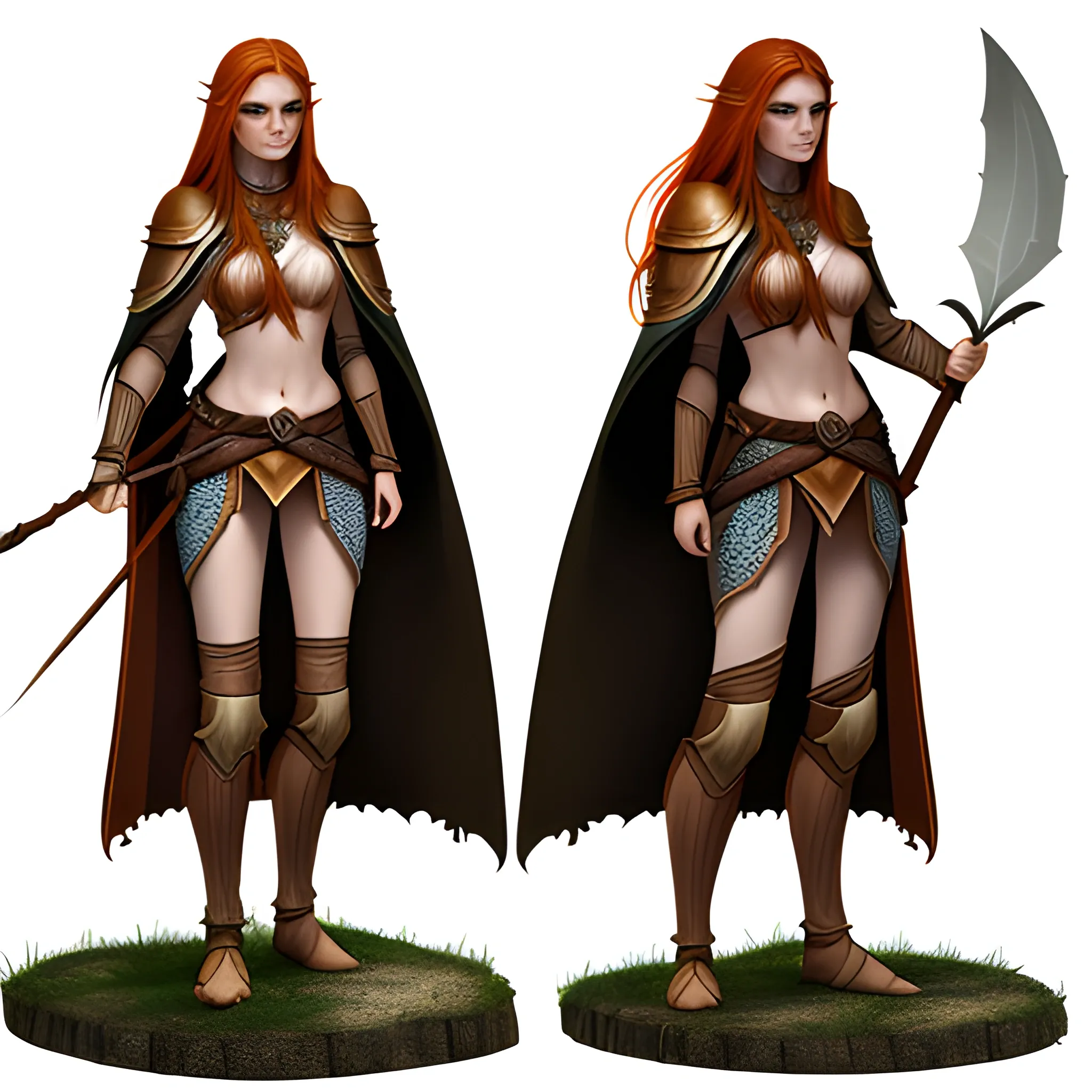Wood Elf, Female, Concept Art, Front and Side view, Ginger hair, long hair, with spear, leather armor, mail armor on the shoulders, with cloak on the back, Dungeons and Dragons