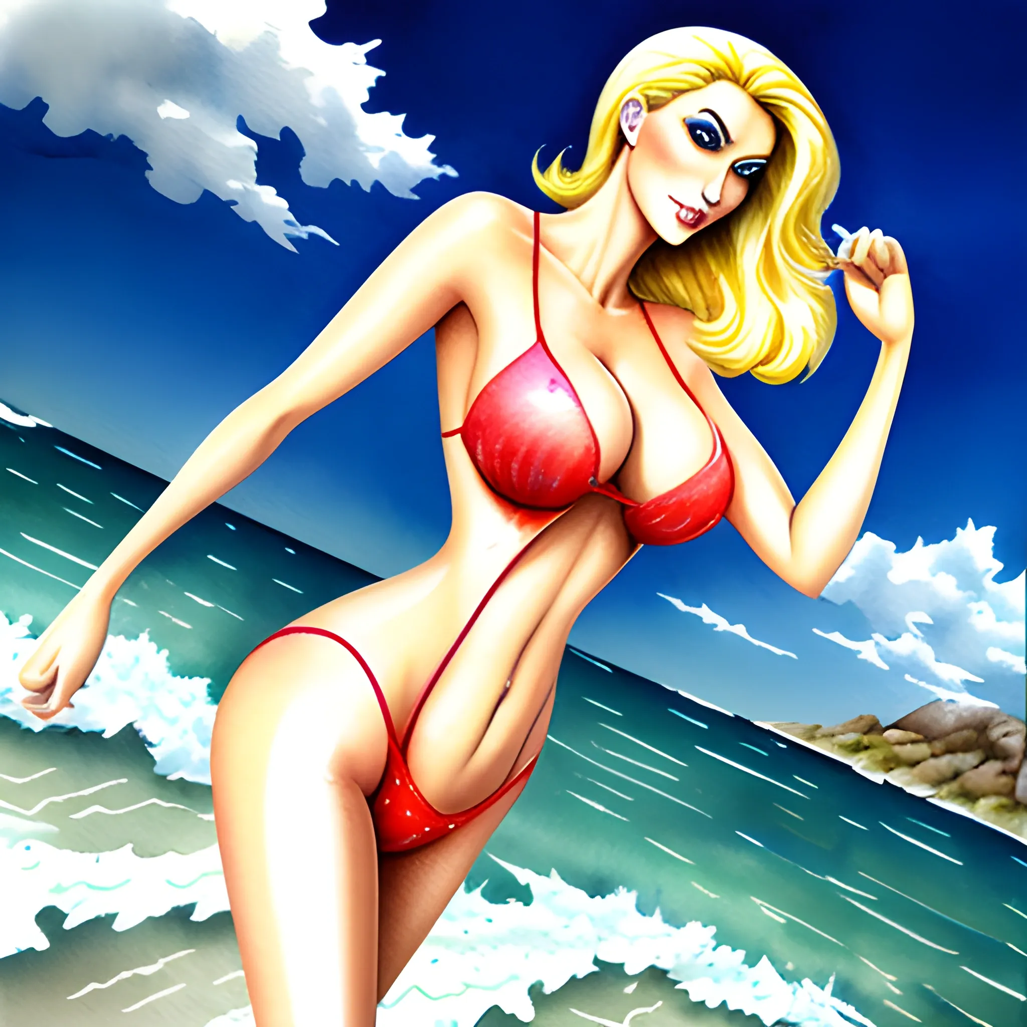 blonde girl, against the wind in playboy style, in perfect quality, 3D, Pencil Sketch, Water Color, Oil Painting, Cartoon, Trippy