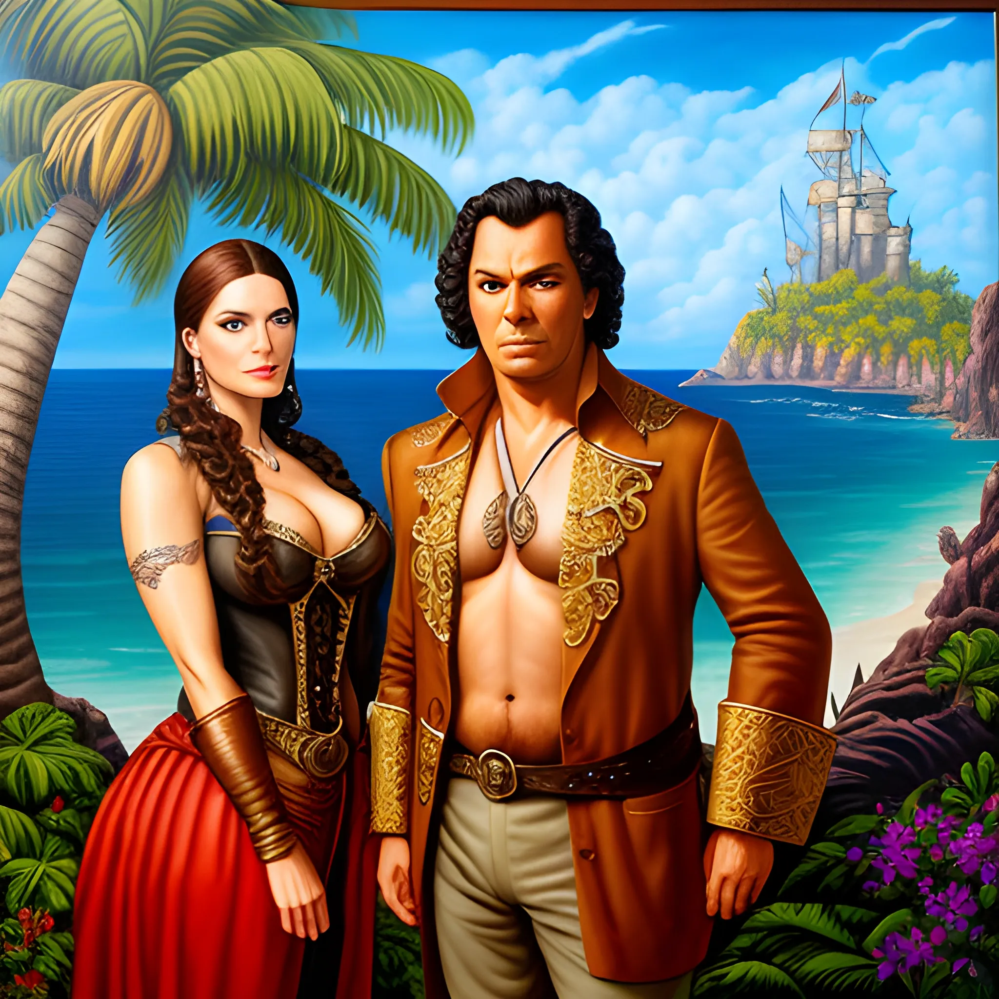 I need a picture of two children, a girl and a boy, both 8 years old, who find a pirate treasure on a fantasy island, Oil Painting