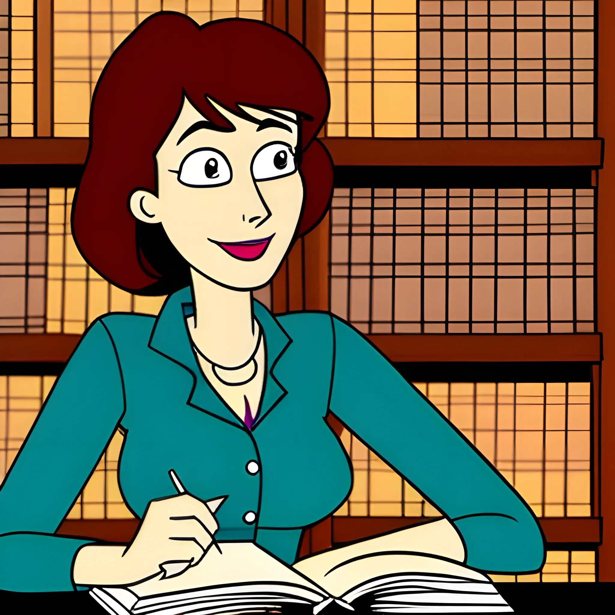 a girl in a library Cartoon