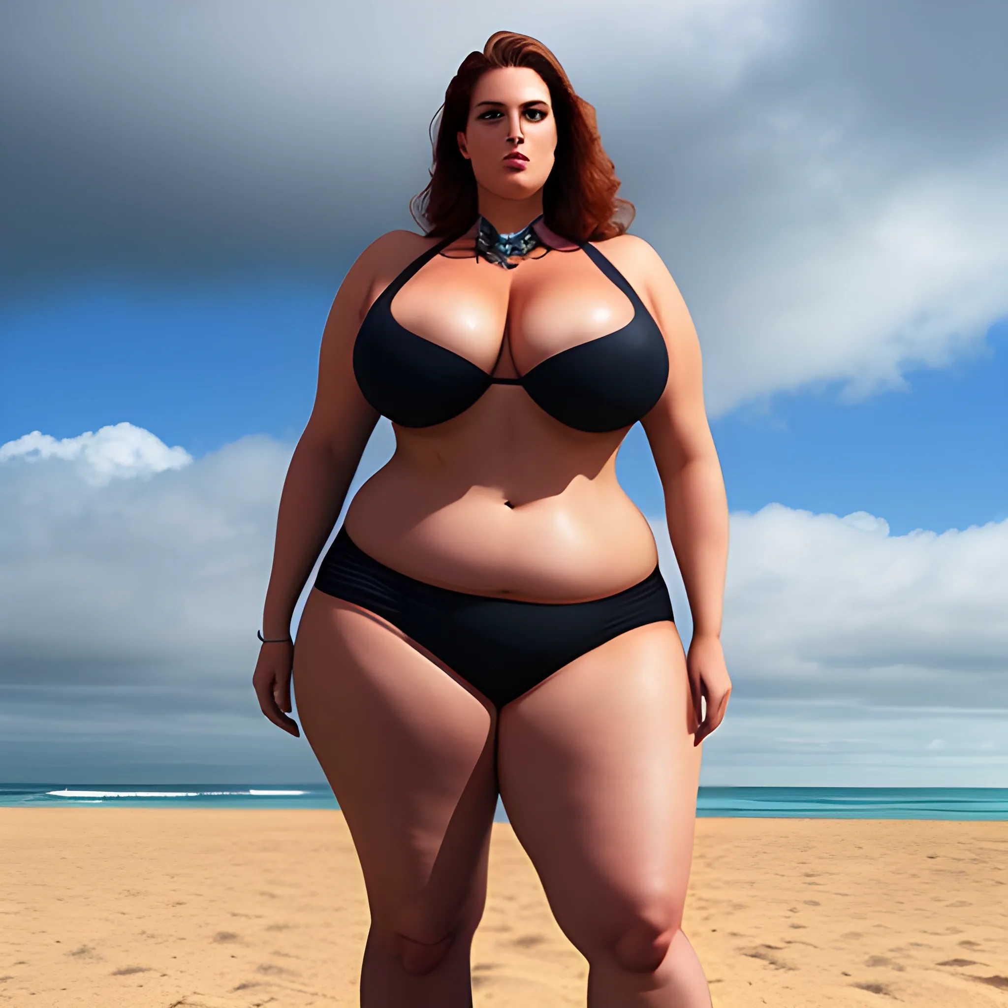 huge tall and strong plus size young blonde smiley girl with very broad shoulders and chest, slim hips and long legs, standing on sand under the clouds