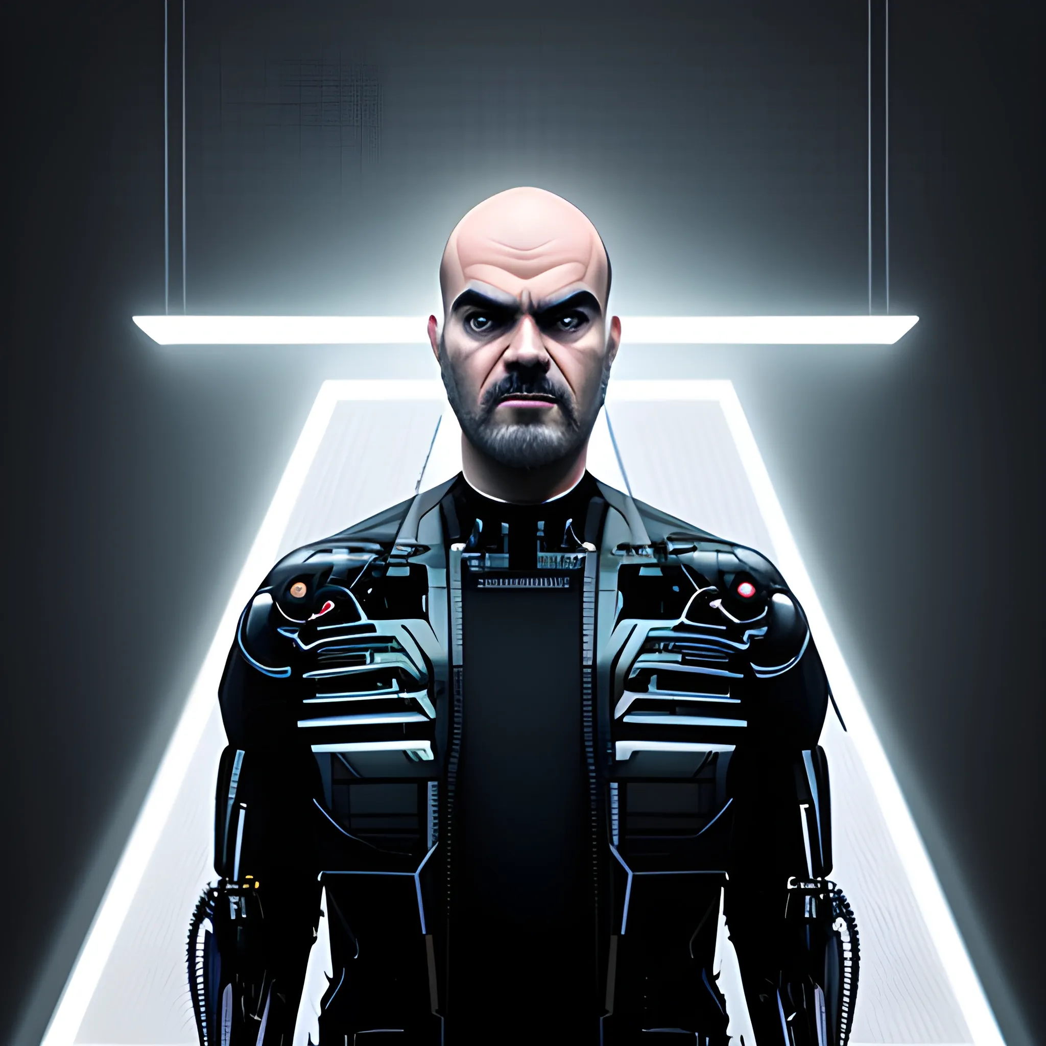 a man standing in front of a black background, a character portrait, inspired by Edi Rama, hyperrealism, screenshot from a movie, cybernetic eyes implants, tf 1, martin ansin
