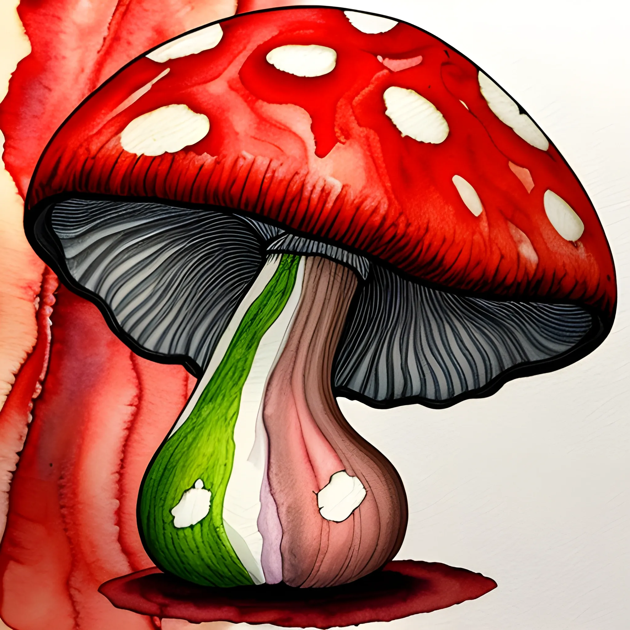 mushroom girl, red blood, sad, Water Color