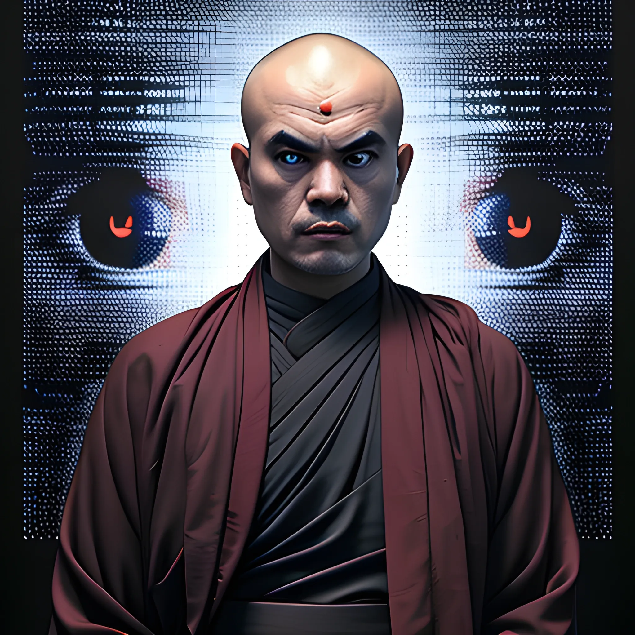 a buddhist monk standing in front of a black background, a character portrait, inspired by Edi Rama, hyperrealism, screenshot from a movie, cybernetic eyes implants, tf 1, martin ansin
