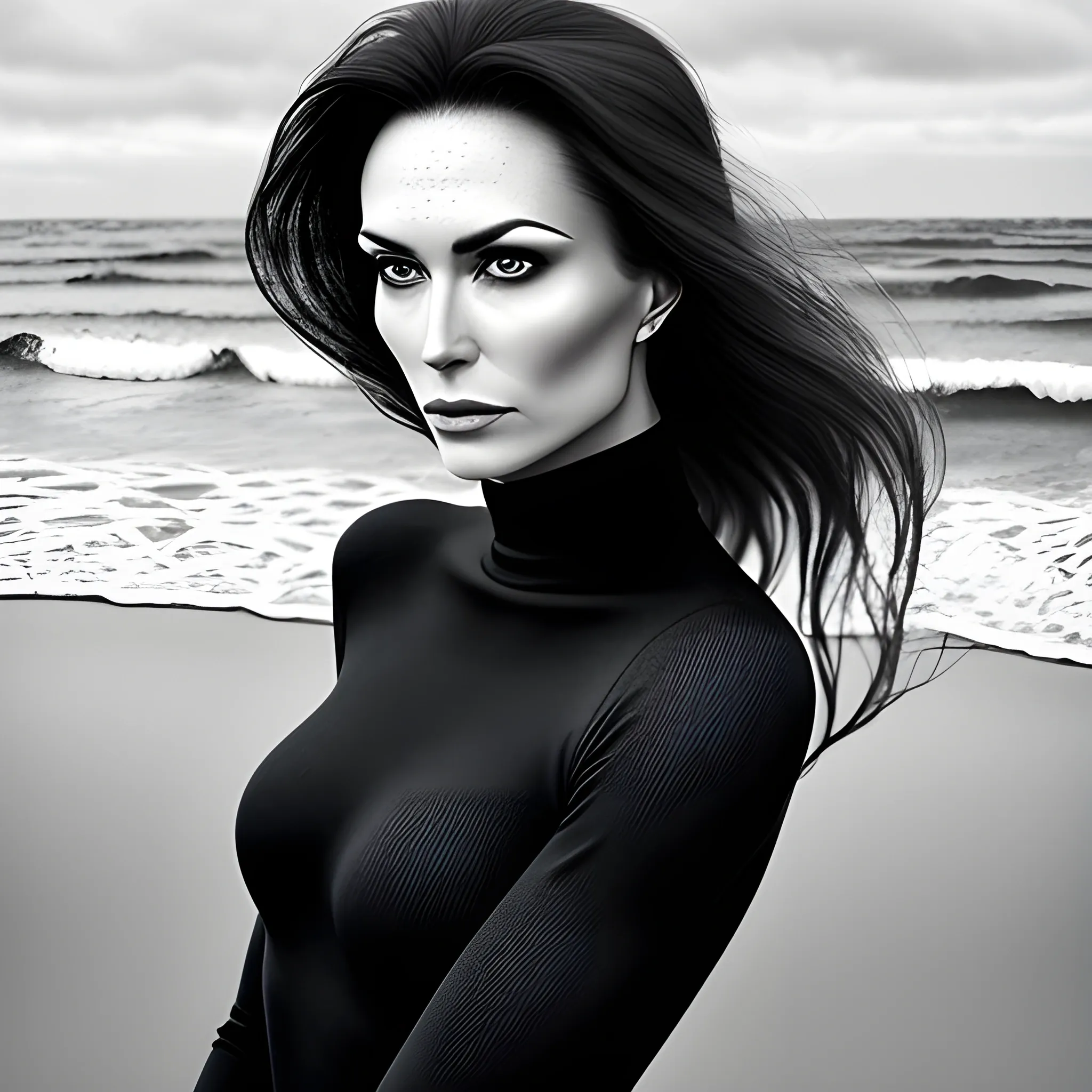 bnw fine - art, award winning, realistic photography of a woman with ultra sharp eyes, with detailed skin texture pills and small defects, in black turtleneck dress, in minimalist style, contempory clothes, closed hair, at the beach stormy weather, strong waves