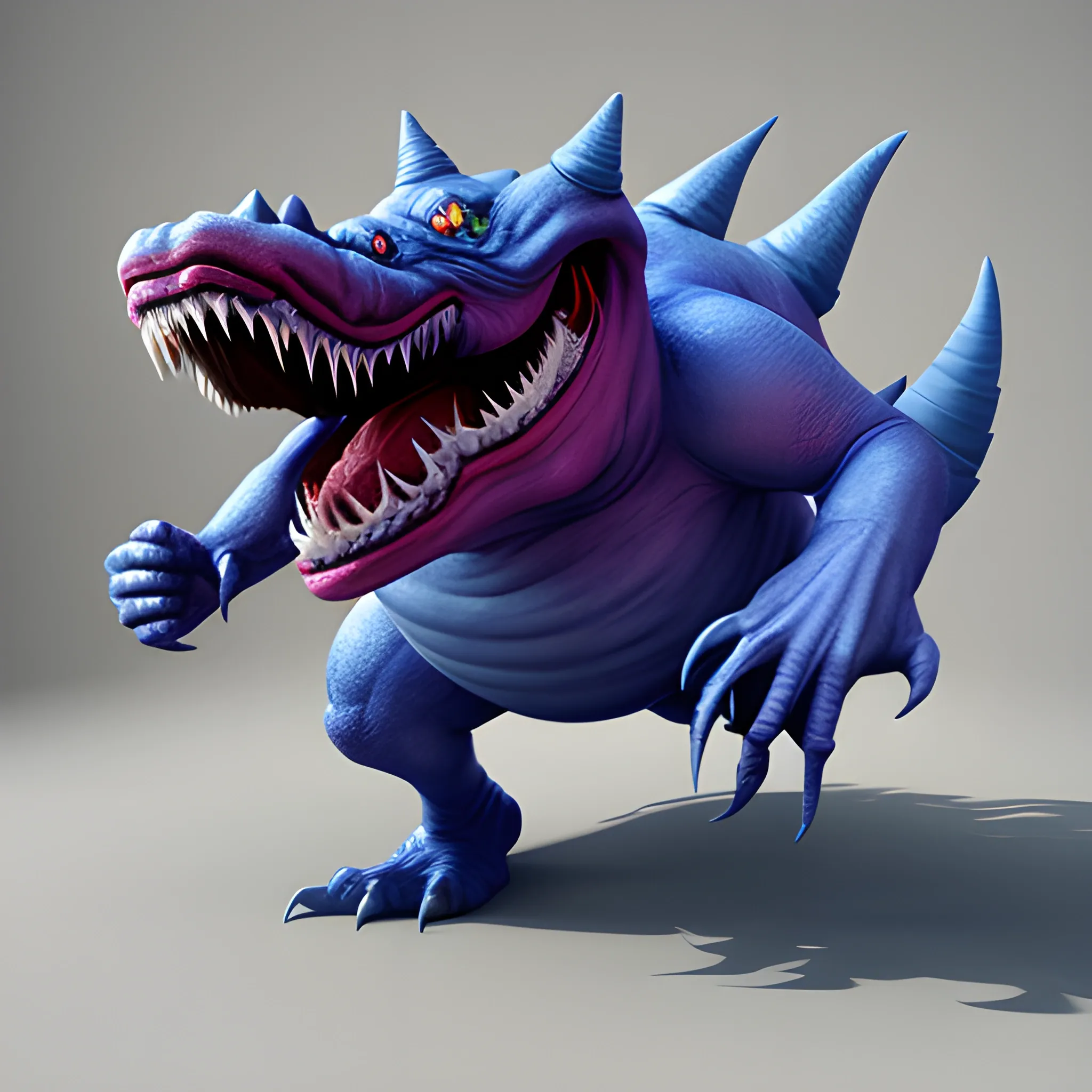 A 3D fantasy-looking monster that has a big mouth and sharp teeth on its belly, 3D