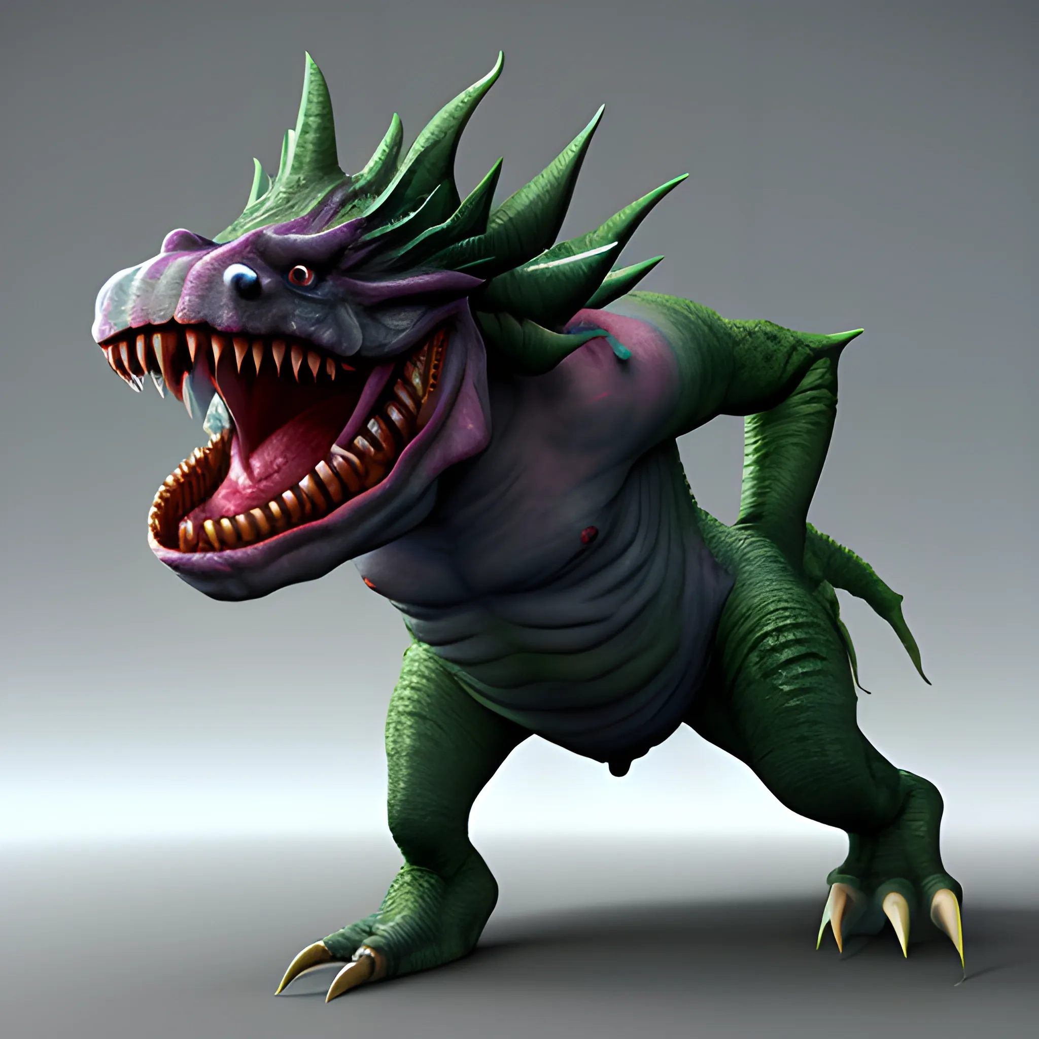 A 3D fantasy-looking monster that has a big mouth and sharp teeth on its stomach