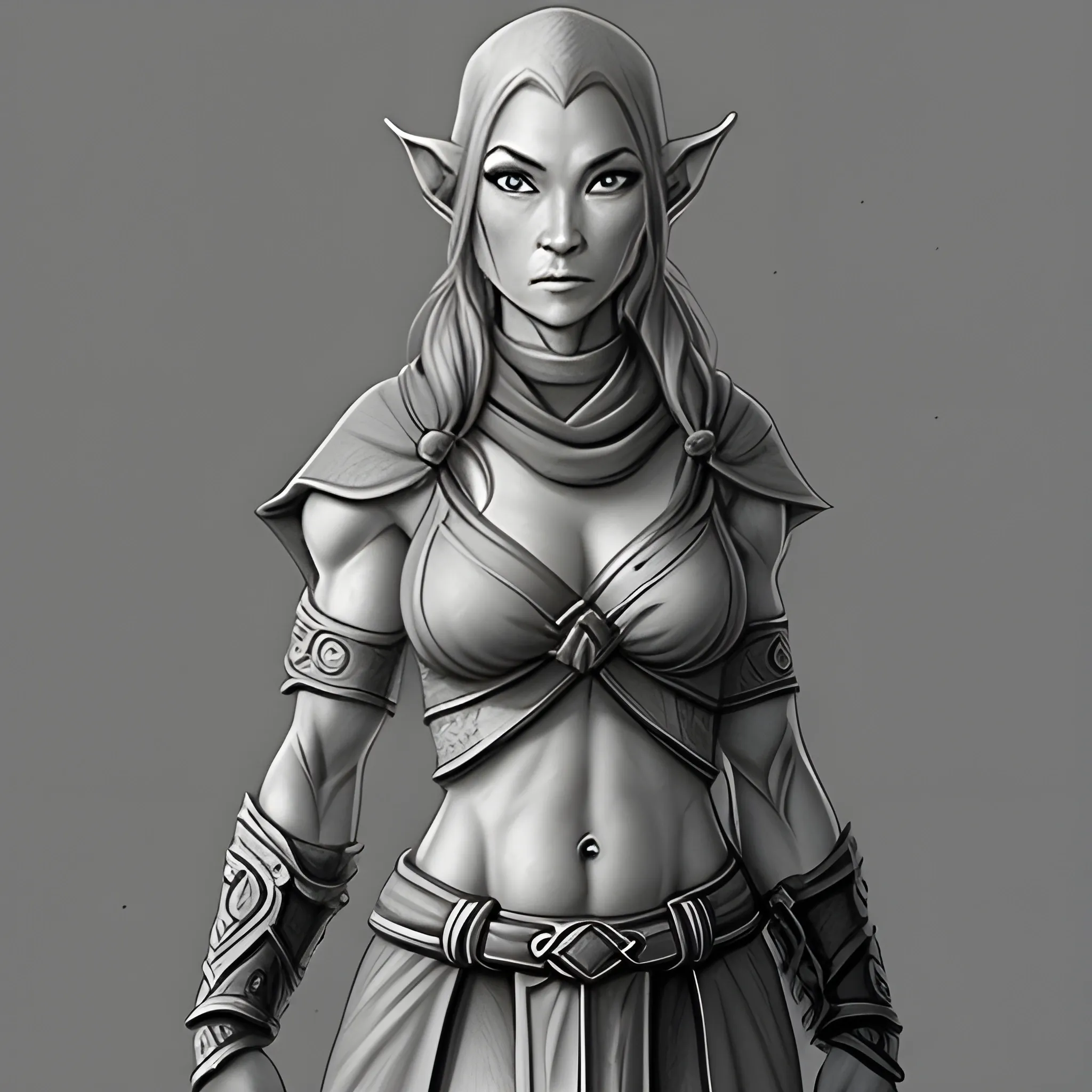 grey elf, female, monk, SFW, Pencil Sketch