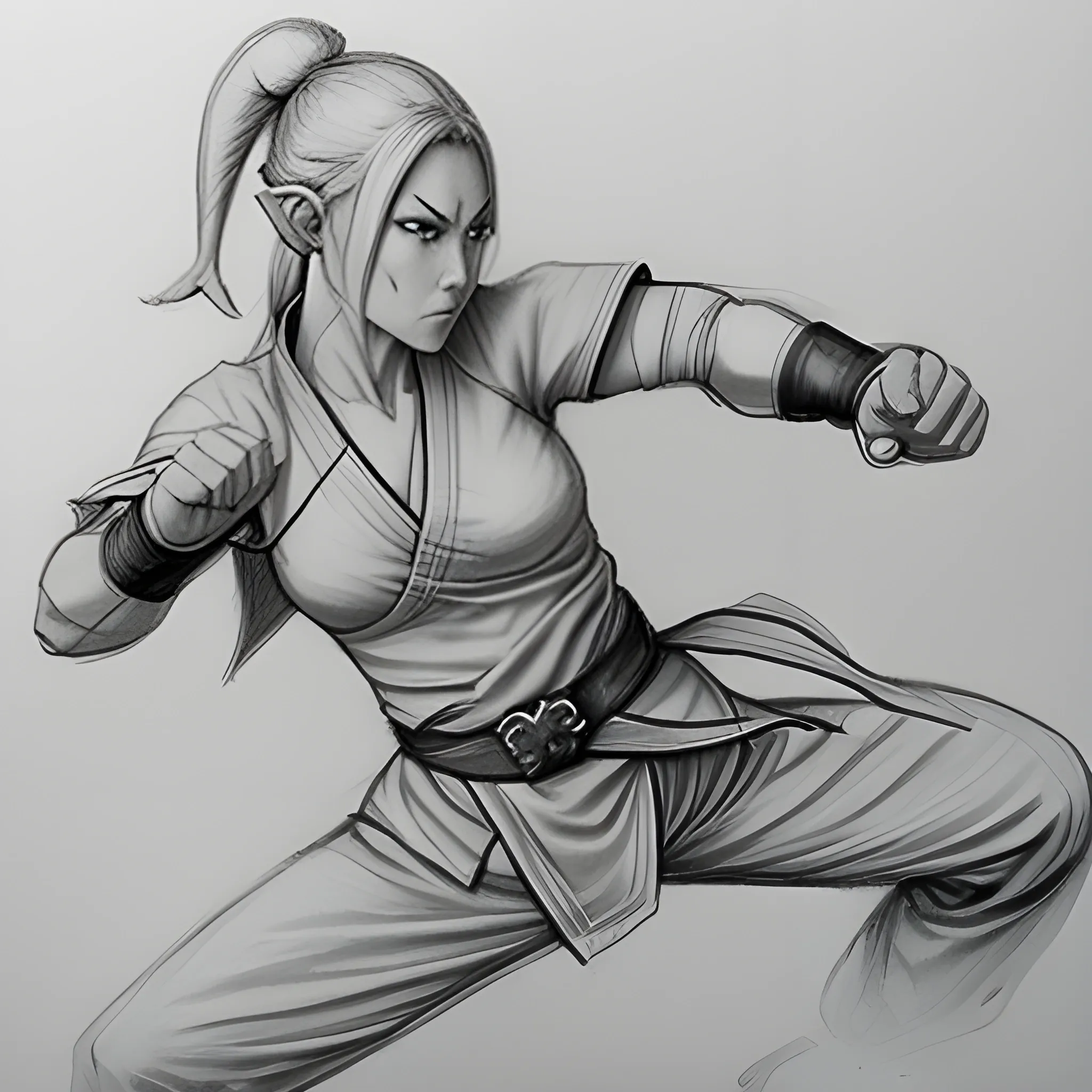 monk, martial artist, elf, female, Pencil Sketch, fighting, kick ...