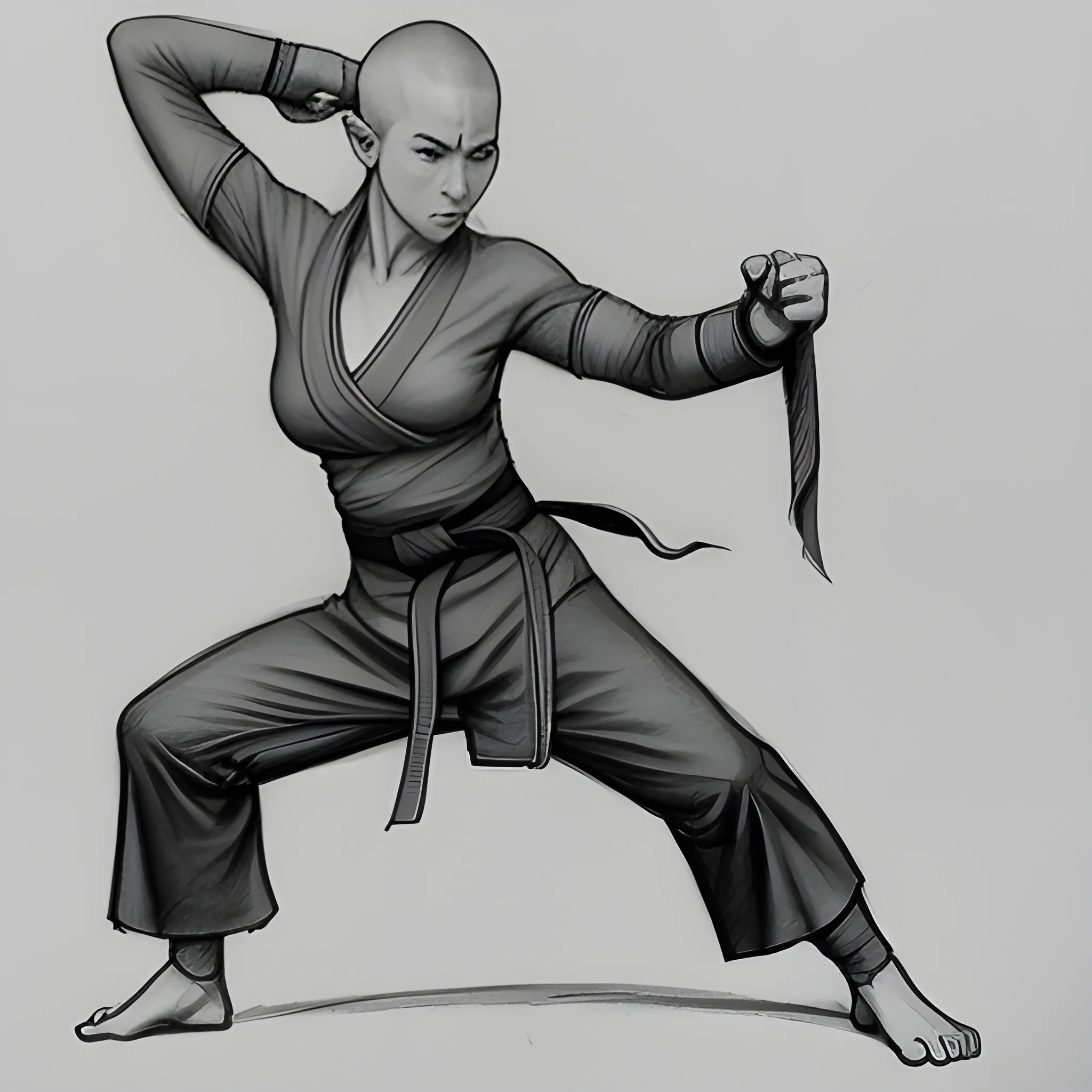 monk, martial artist, elf, female, Pencil Sketch, fighting, kick, split, flexible