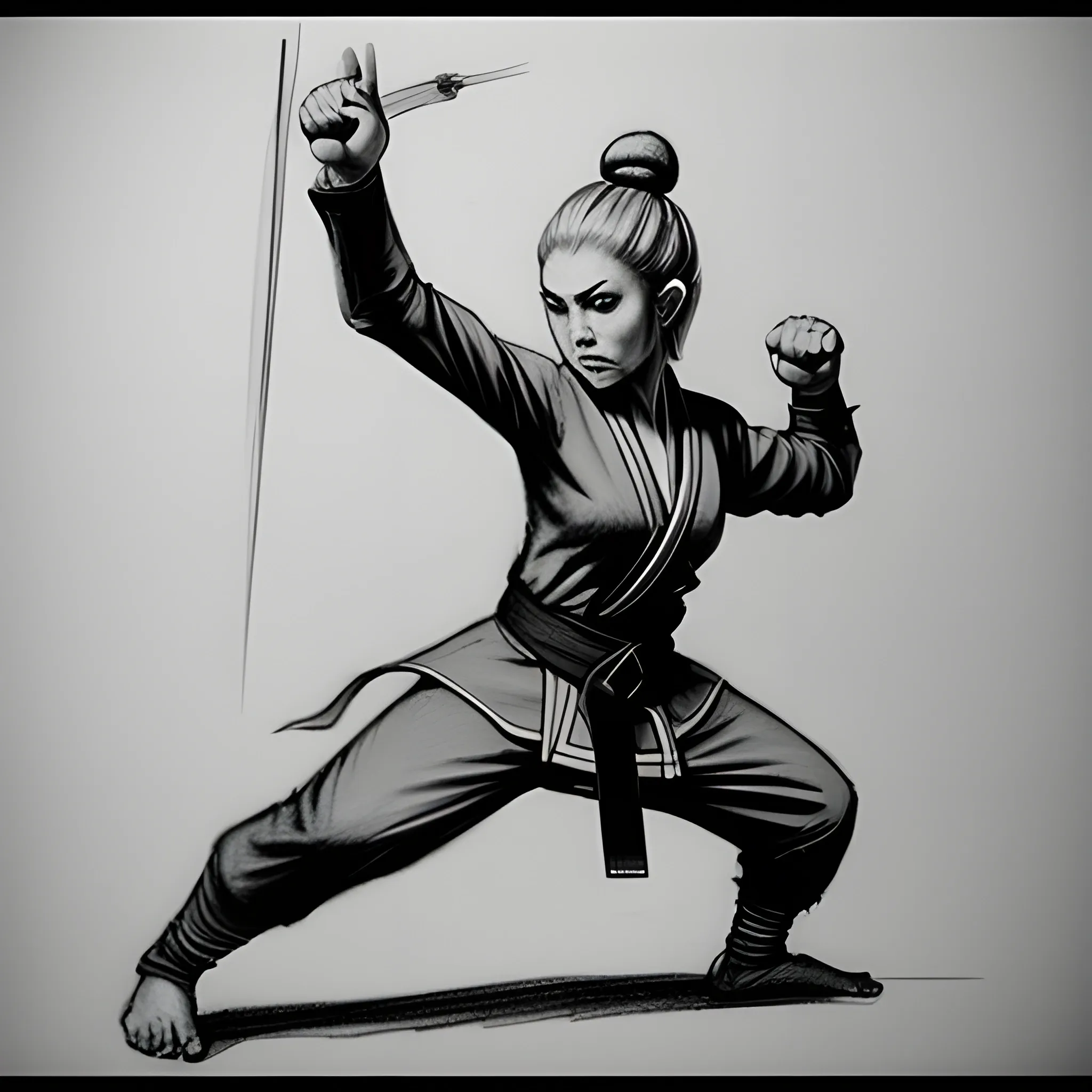 monk, martial artist, elf, female, Pencil Sketch, fighting, kick, split, flexible