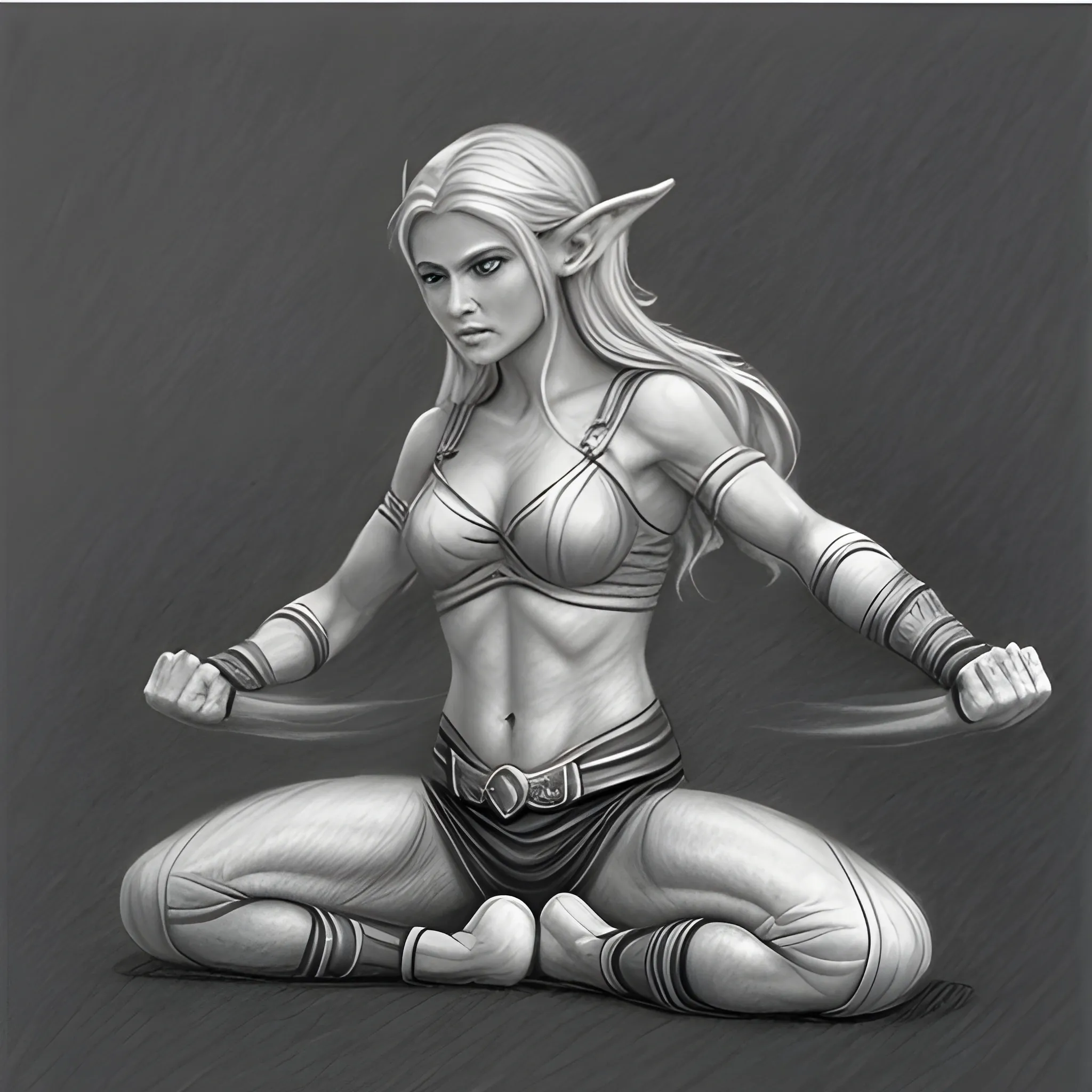  elf, female, fighting, kick, yoga, realistic, sage, Pencil Sketch