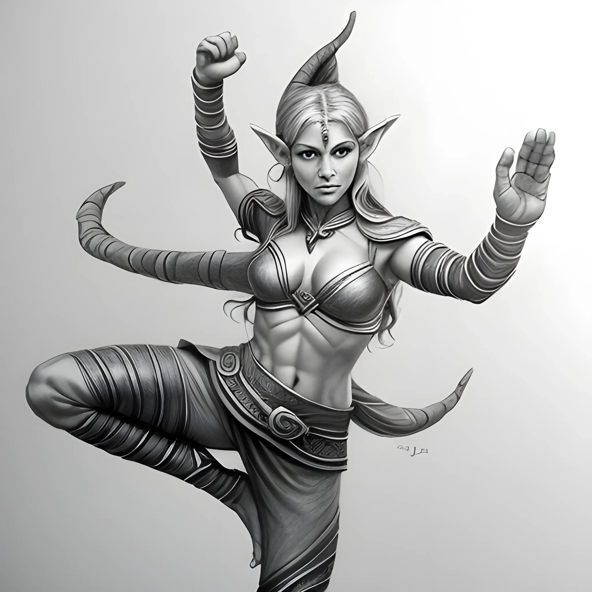  elf, female, fighting, kick, yoga, realistic, sage, Pencil Sketch