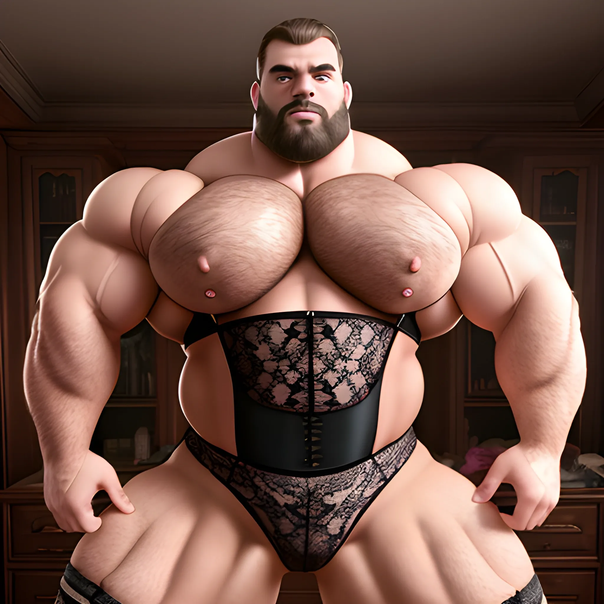 huge beefy super hairy chest bodybuilder man, in lace bra, linge 