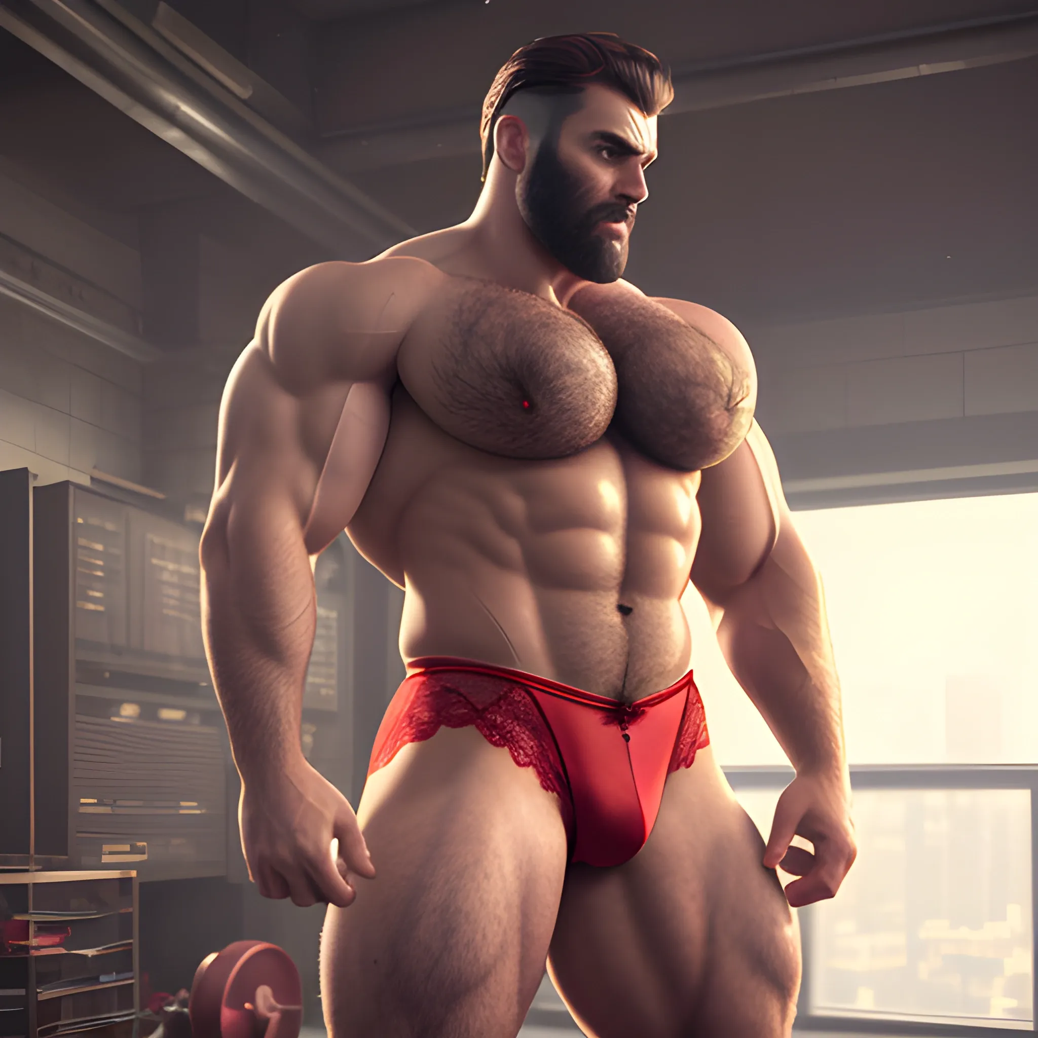 huge beefy super hairy chest bodybuilder man, in lace bra, linge
