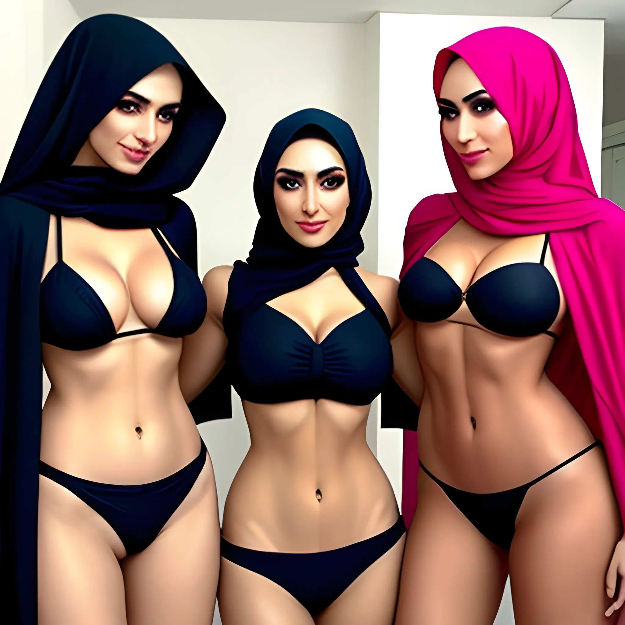  Iranian woman with a chador hijab - bikini- three girl