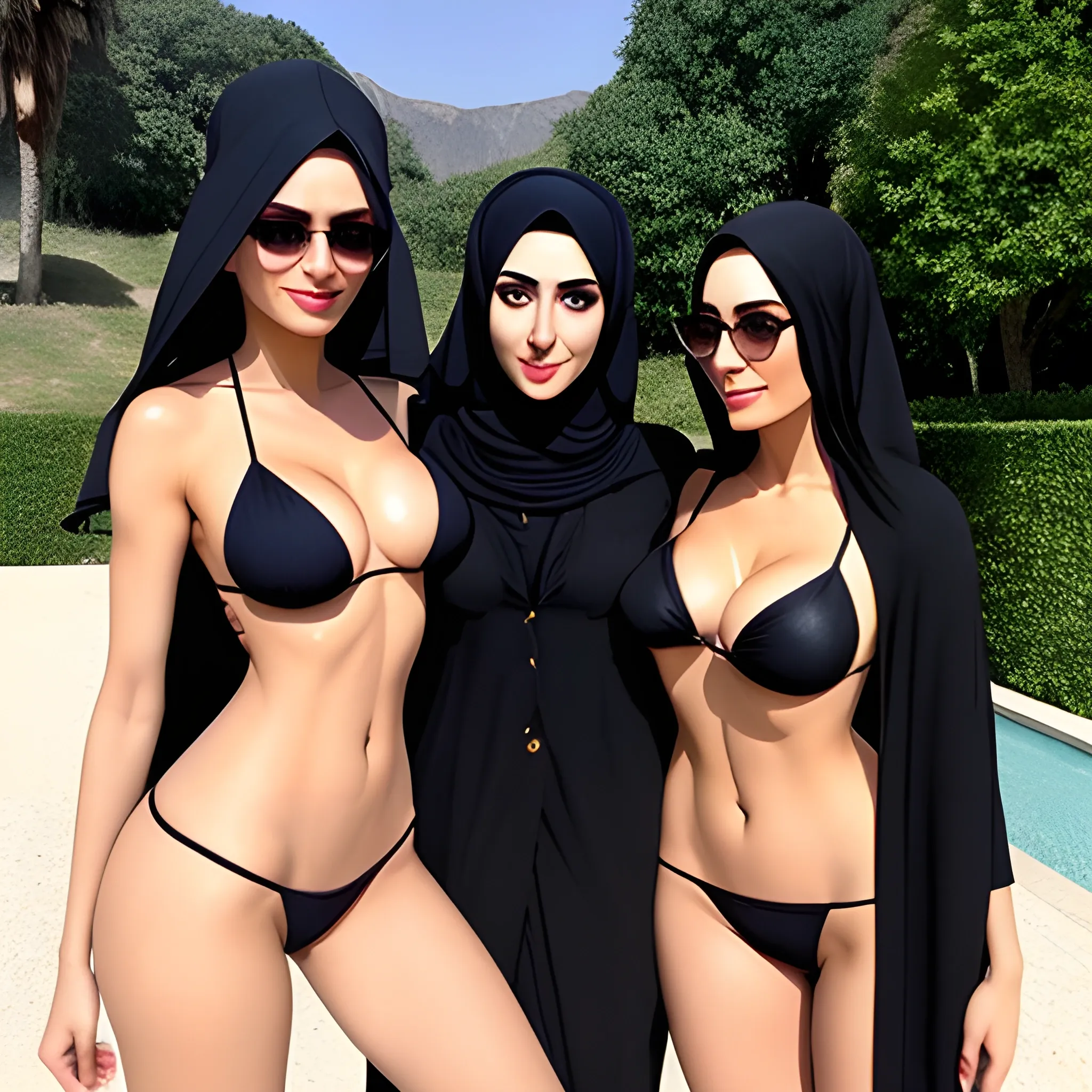  Iranian woman with a chador hijab - bikini- three girl