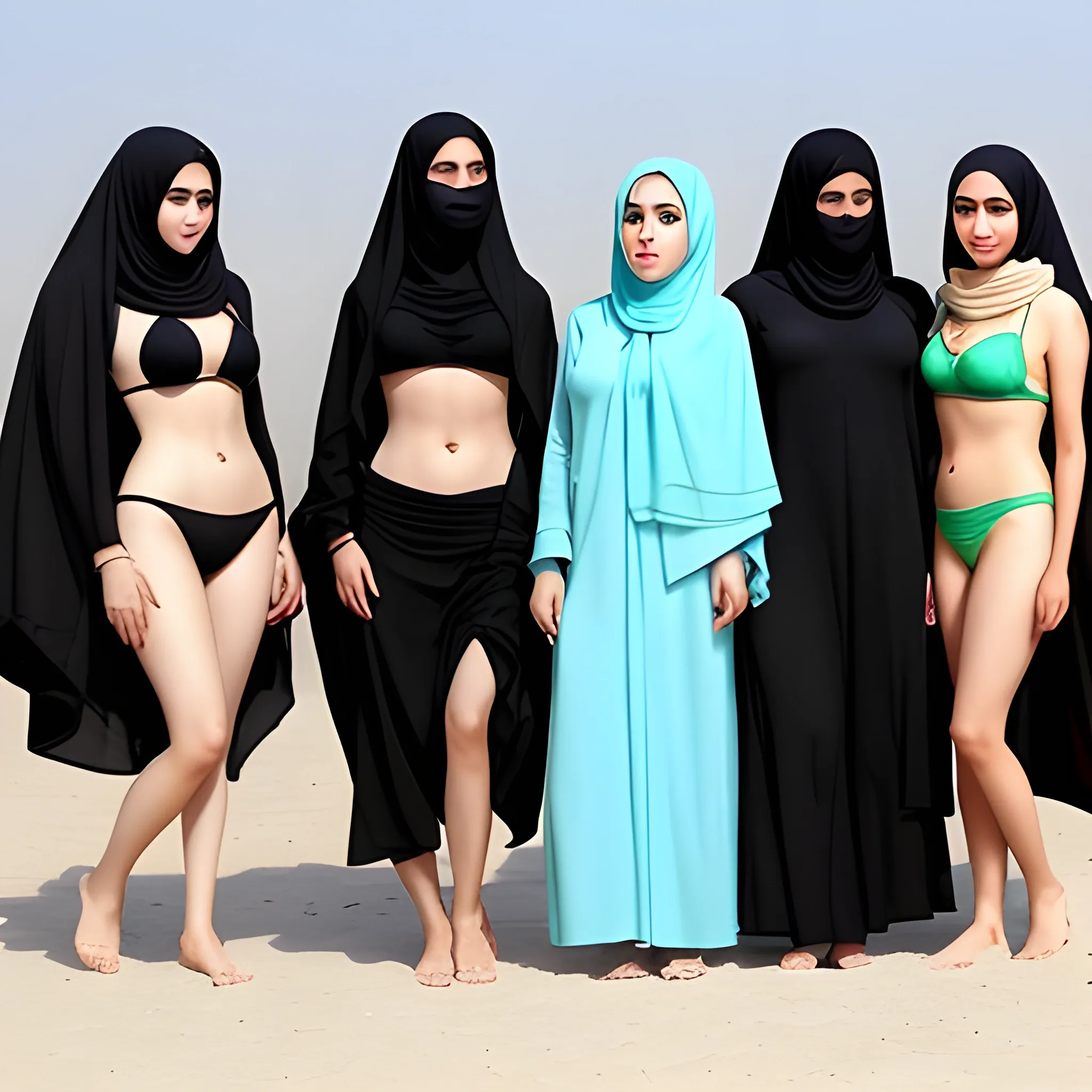  Iranian woman with a chador hijab - bikini- five people