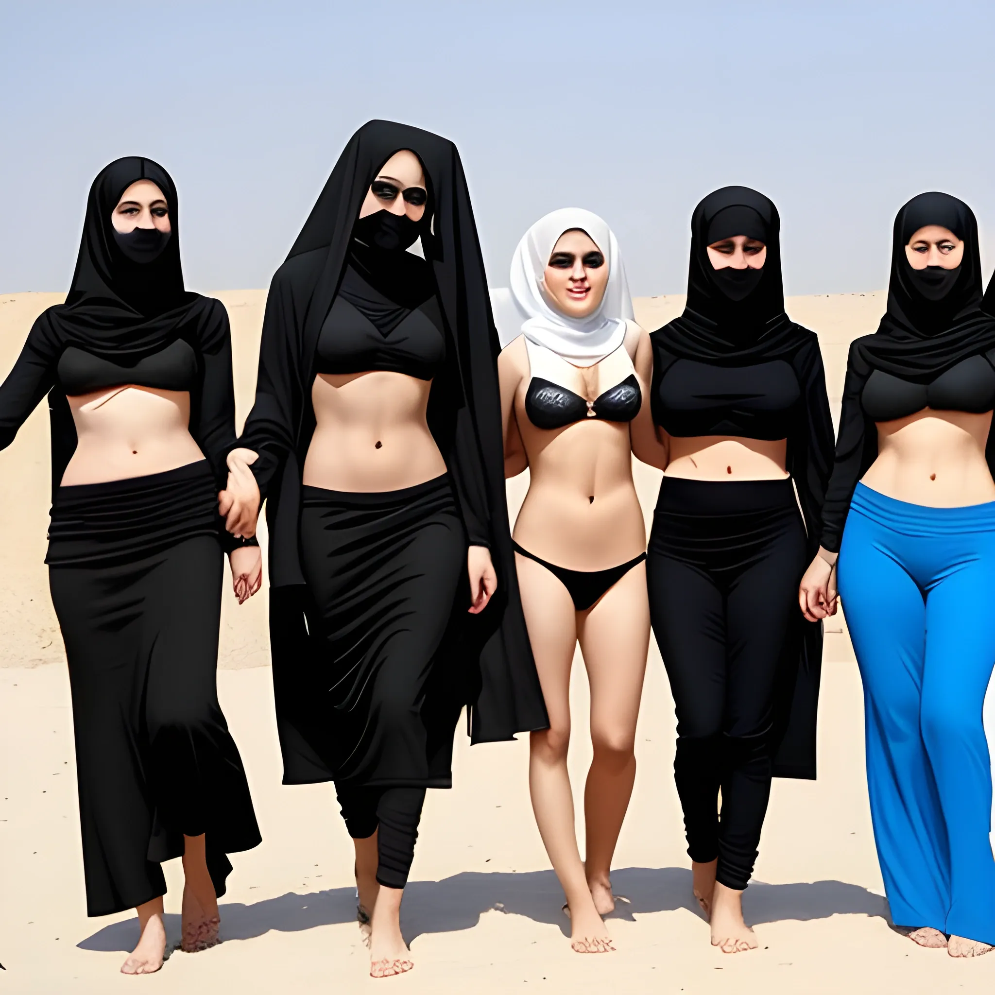 Iranian woman with a chador hijab - bikini- five people