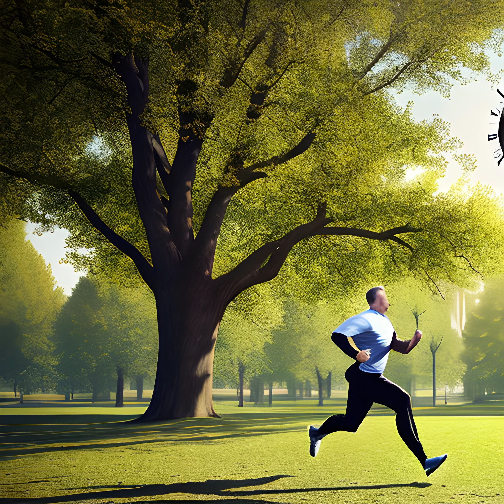 boy, man, old man running in a park, with many trees around, sunny day, realistic photography, a wall with a clock and a calendar.