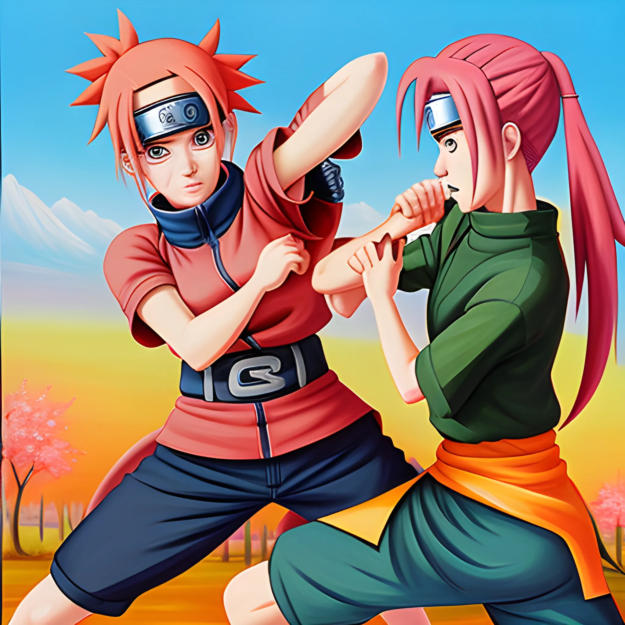 Anine , Cartoon Naruto fight with sakura  , Oil Painting 
