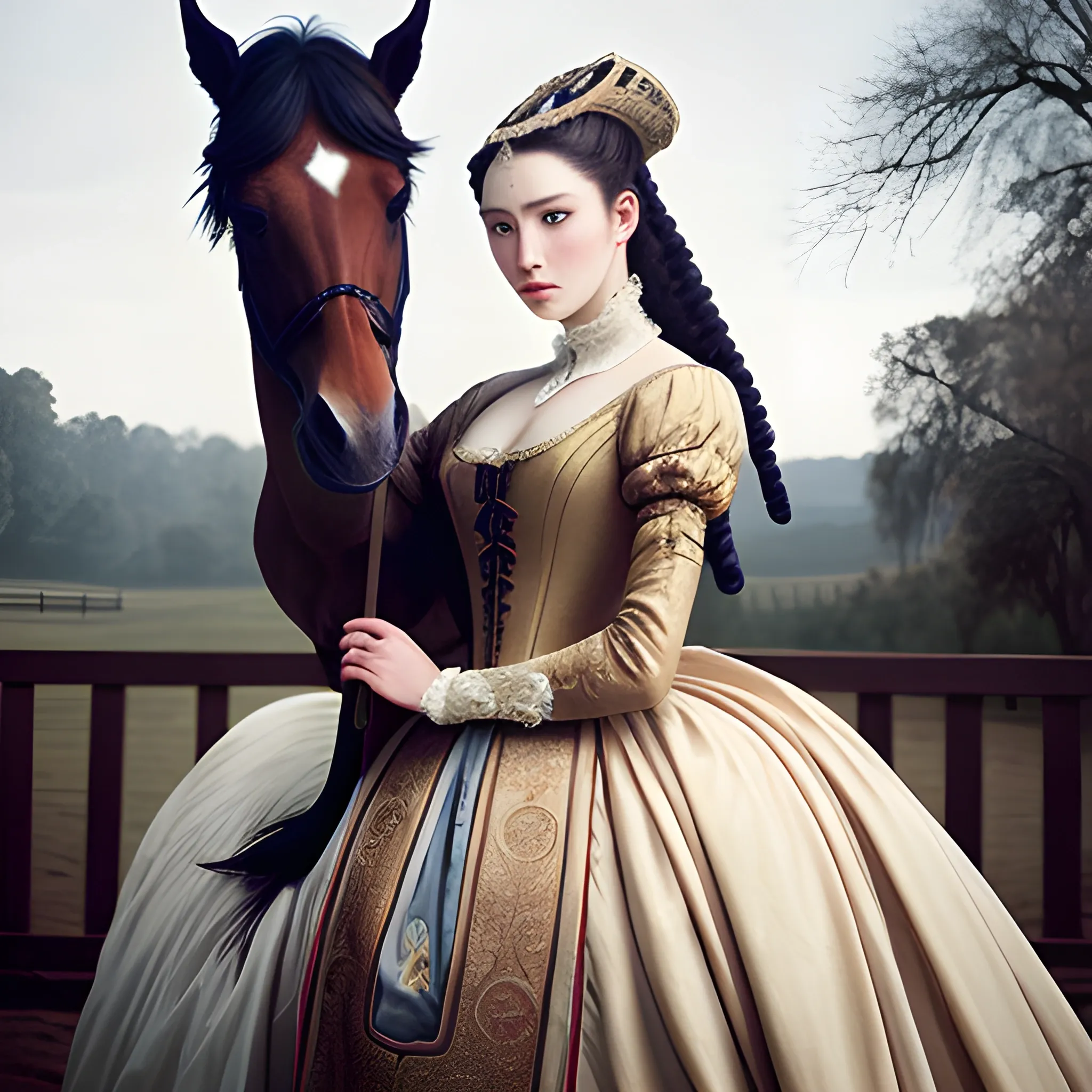 Beauty and horse, wearing court aristocratic costumes, with melancholy eyes, high-definition photography blockbuster